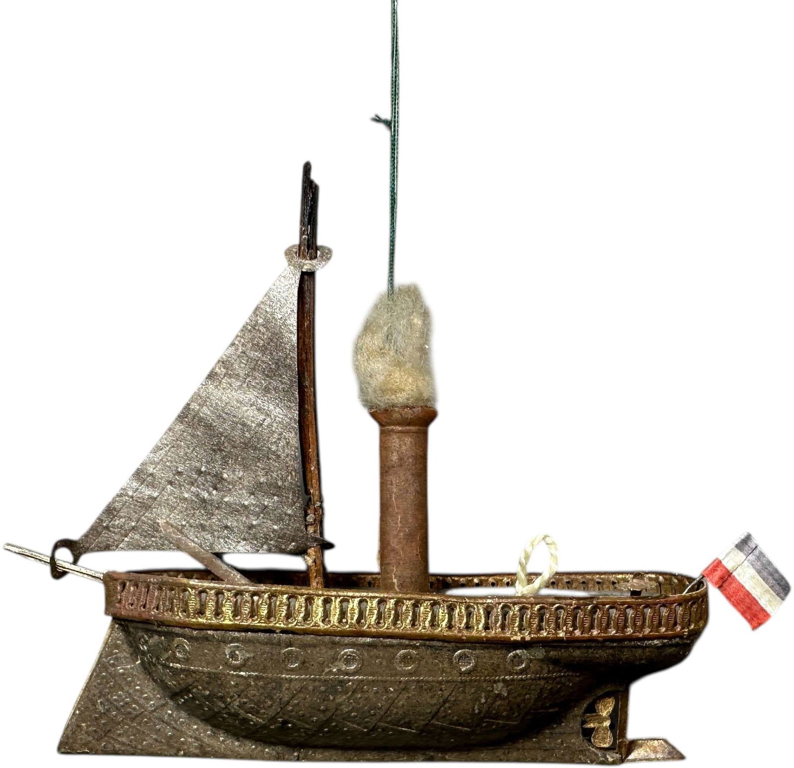 DRESDEN SAIL STEAM SHIP W/ FRENCH FLAG: 77. DRESDEN SAIL STEAM SHIP W/ FRENCH FLAG | Has all the detail intact, very complete. Provenance: Jerry & Darla Arnold Collection. | 4" l. | (Excellent to Pristine Condition) | $800 - $1,400