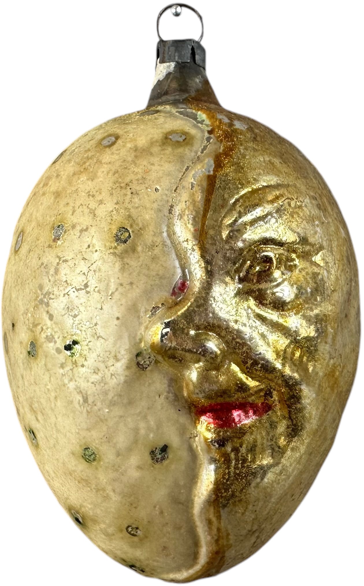 DOUBLE SIDED NORTH WIND GLASS ORNAMENT: 84. DOUBLE SIDED NORTH WIND GLASS ORNAMENT | Two moon like faces. | 3" h. | (Excellent Condition) | $300 - $500