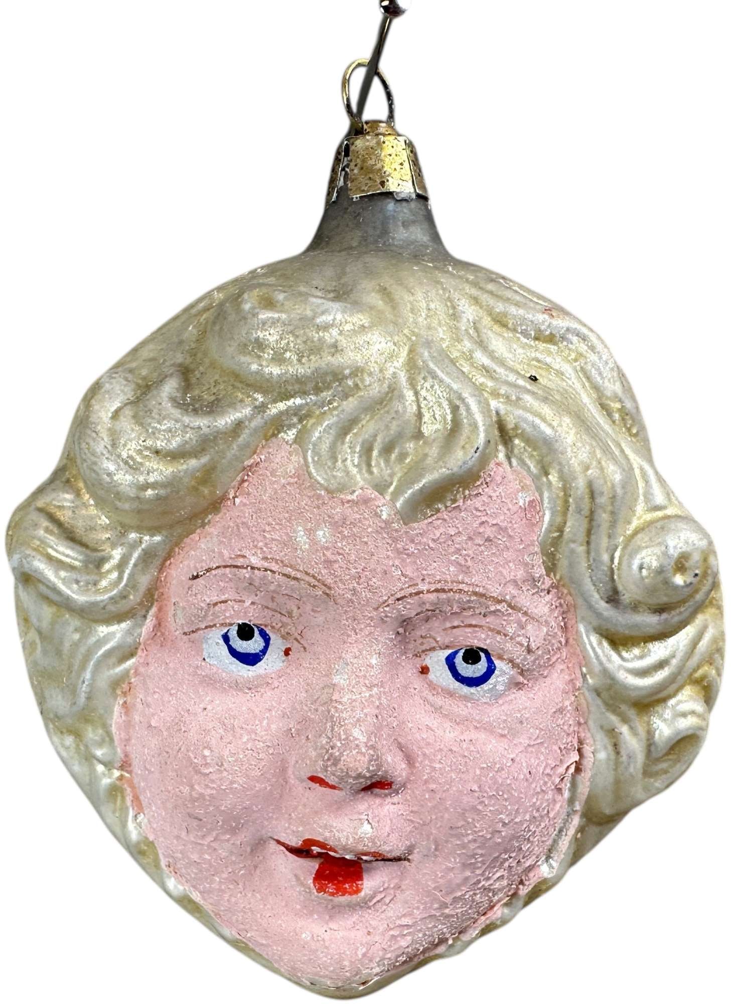 DOUBLE FACE GIRL GLASS ORNAMENT: 88. DOUBLE FACE GIRL GLASS ORNAMENT | Scarce ornament,beautiful design. | 4" h. | (Excellent to Pristine Condition) | $400 - $700