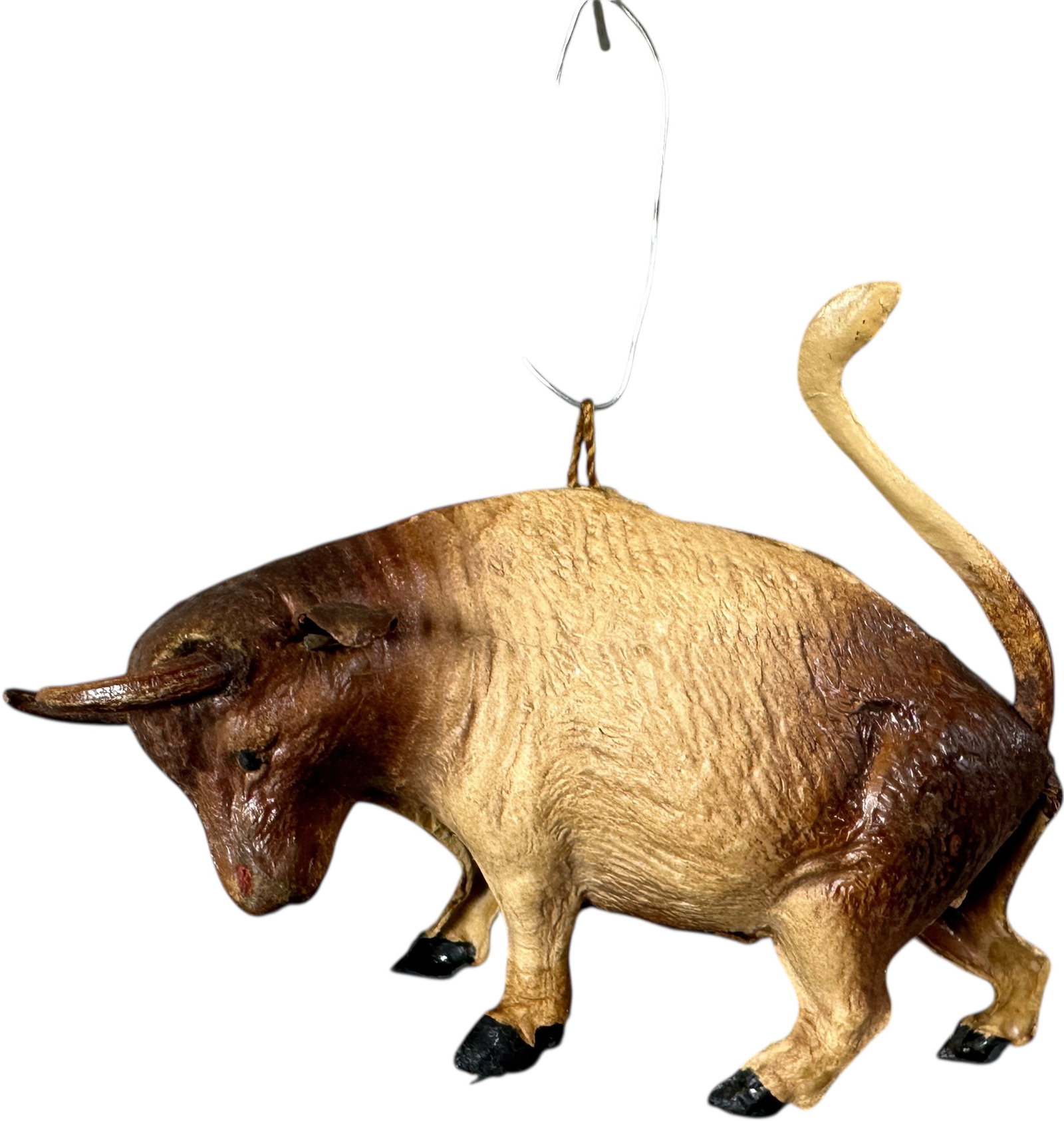 DRESDEN CHARGING BULL ORNAMENT: 97. DRESDEN CHARGING BULL ORNAMENT | Great animation in this piece. | 4" l. | Tail replaced, otherwise (Excellent Condition) | $400 - $700