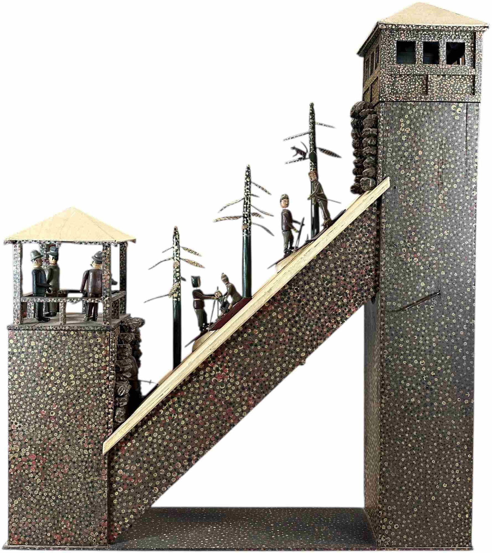 HUGE HAND ACTIVATED FOLK ART WOODEN SKI MOUNTAIN: 104. HUGE HAND ACTIVATED FOLK ART WOODEN SKI MOUNTAIN | Turning hand crank engages a system of pulleys that move the skiers and sledders down the hill, while figures in tower move arms. | 33 x 40"