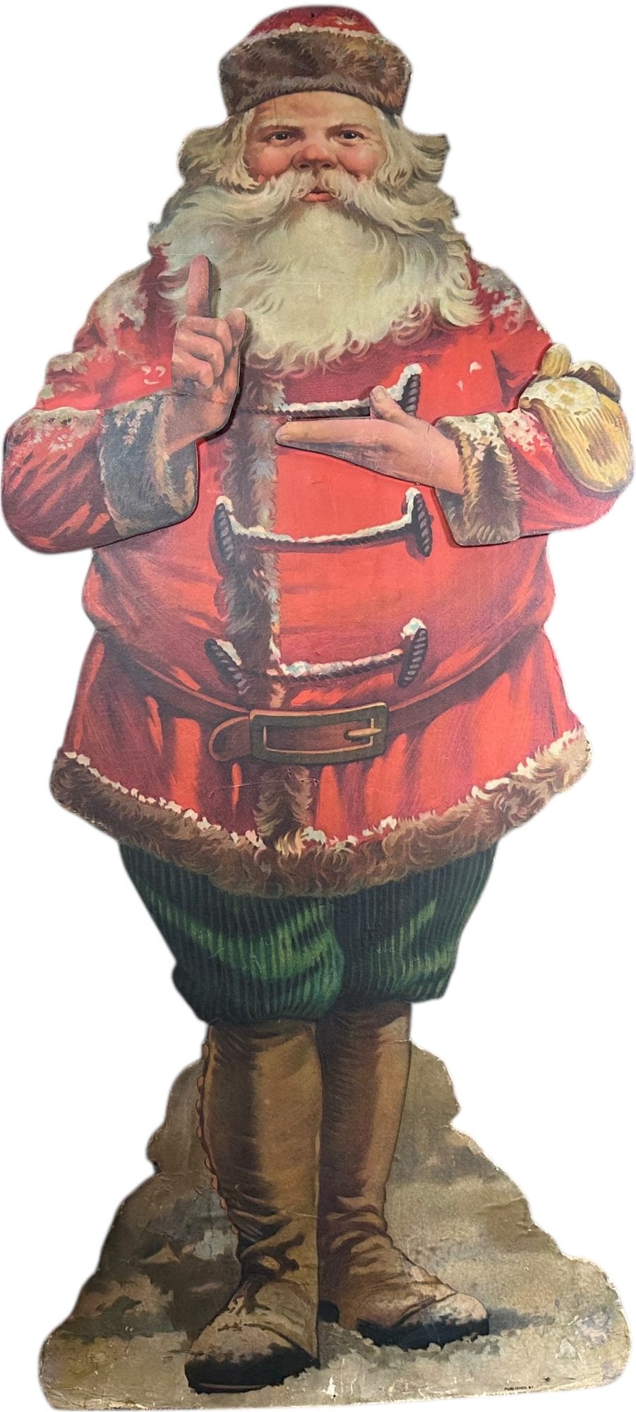 4.5 FOOT TALL CARDBOARD SANTA DISPLAY: 108. 4.5 FOOT TALL CARDBOARD SANTA DISPLAY | Arms move to hold items for sale in a store. One arm is not attached and both hands have been glued back together. Provenance: Jerry & Darla Arnold Collect