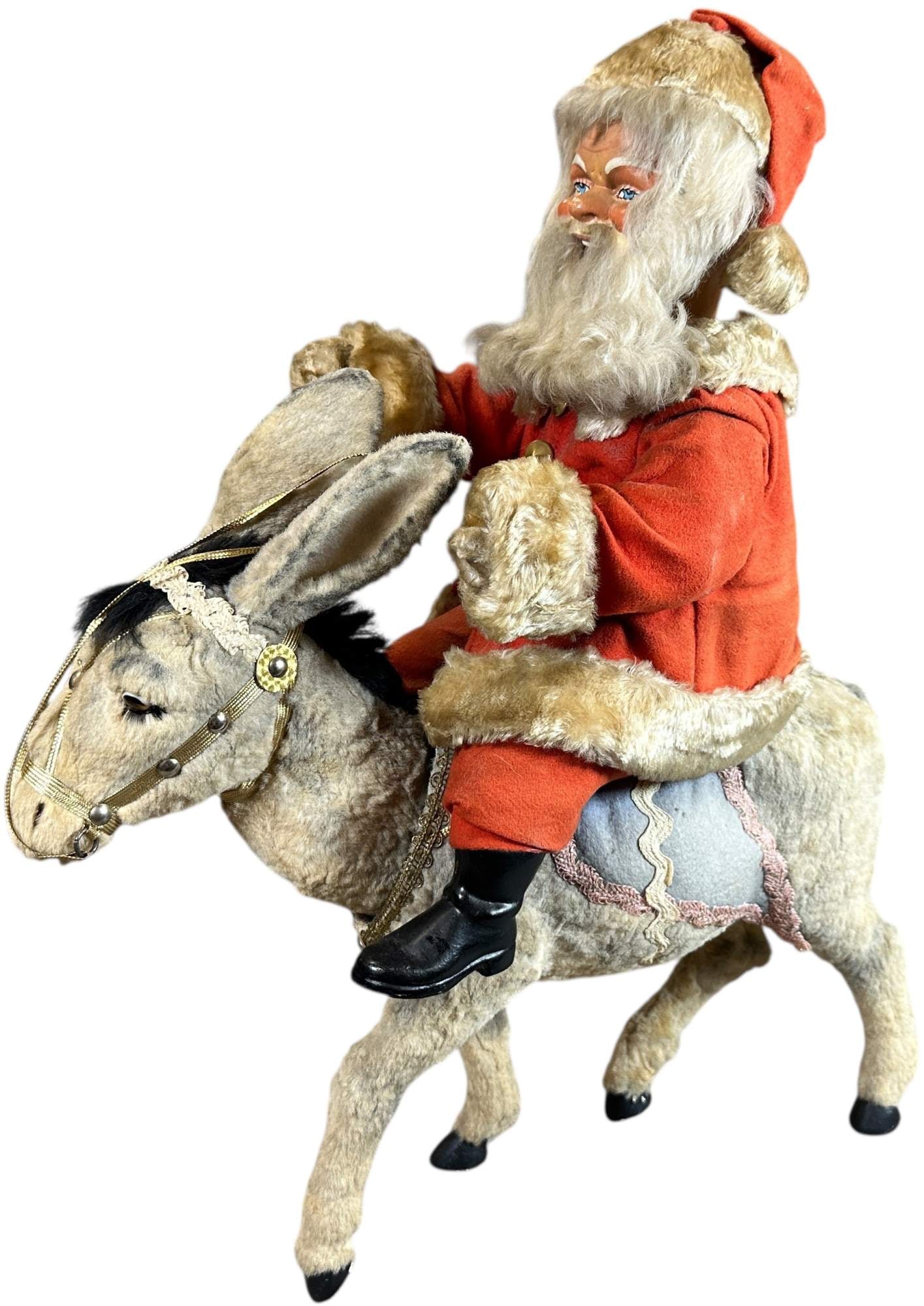 DOUBLE NODDER GERMAN SANTA ON REINDEER: 113. DOUBLE NODDER GERMAN SANTA ON REINDEER | Hard to find with two working nodders, both heads nod with via clockwork motors. Provenance: Ed & Brenda DeGarbolewski Collection. | 17" l. | Both working
