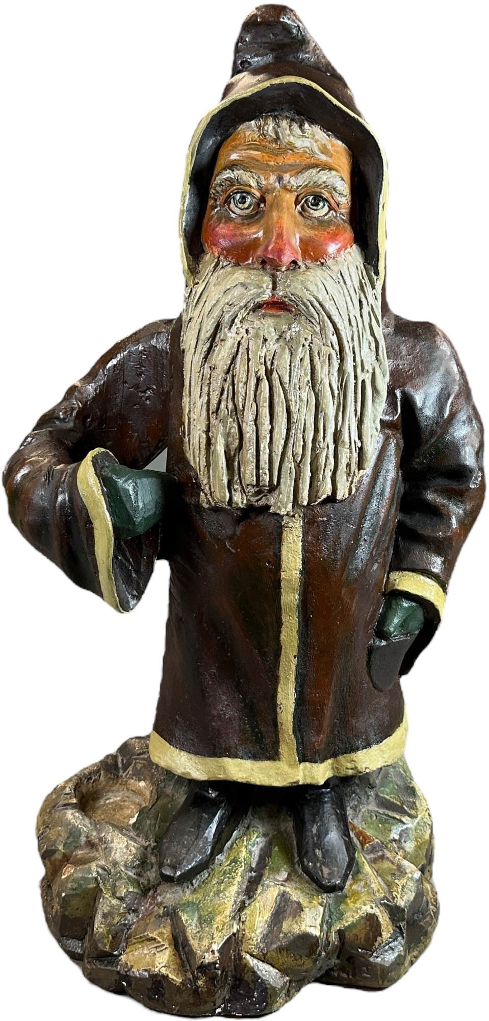 RARE HEAVY PLASTER SANTA TREE STAND: 120. RARE HEAVY PLASTER SANTA TREE STAND | Large and heavy enough to hold up an Xmas tree through his right arm hole! Provenance: Ed & Brenda DeGarbolewski Collection. | 29" h. | (Excellent Condition)