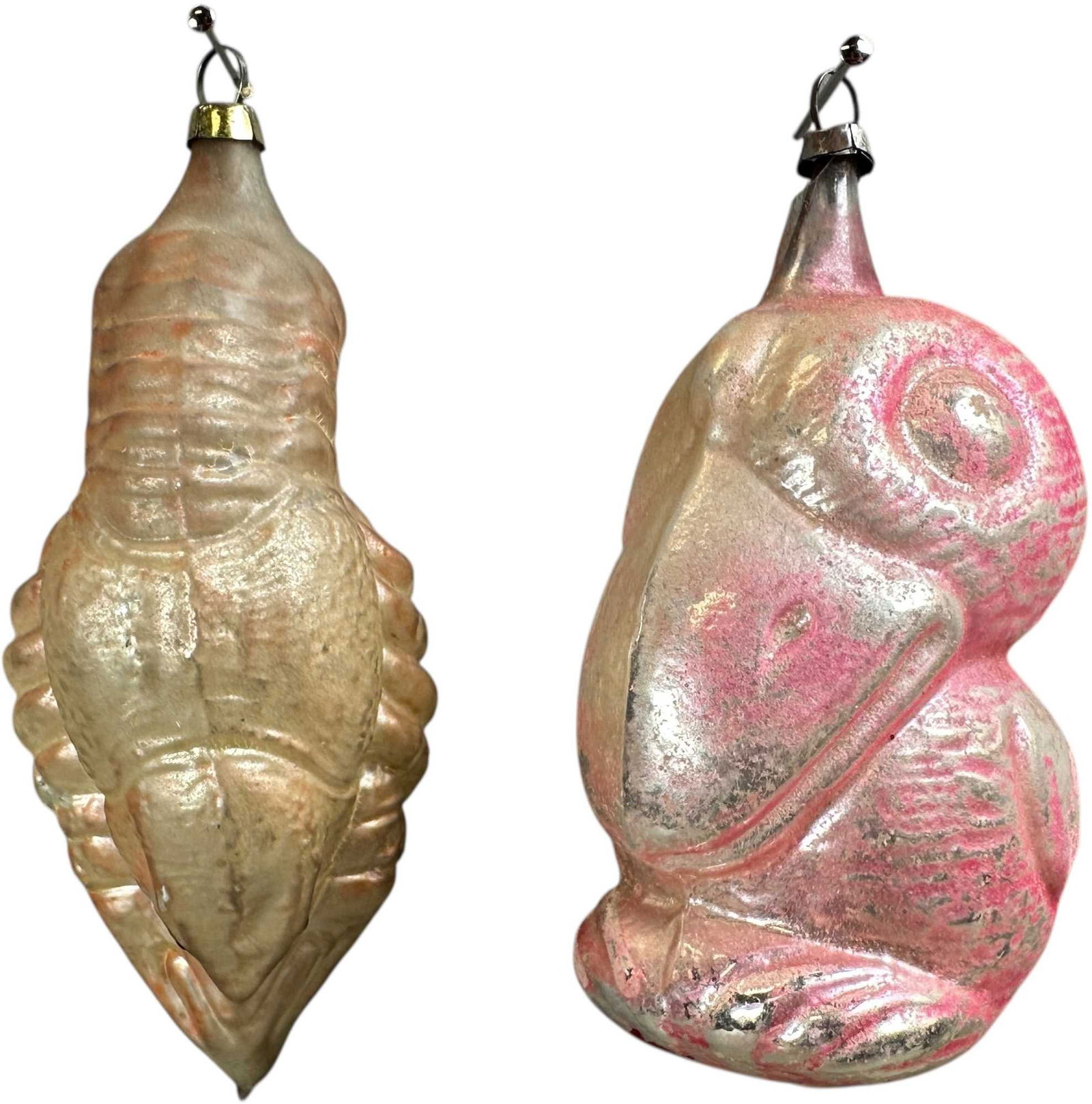 LOBSTER & PELICAN GLASS ORNAMENTS: 139. LOBSTER & PELICAN GLASS ORNAMENTS | Great molding. | 4" h. | (Excellent Condition) | $300 - $600