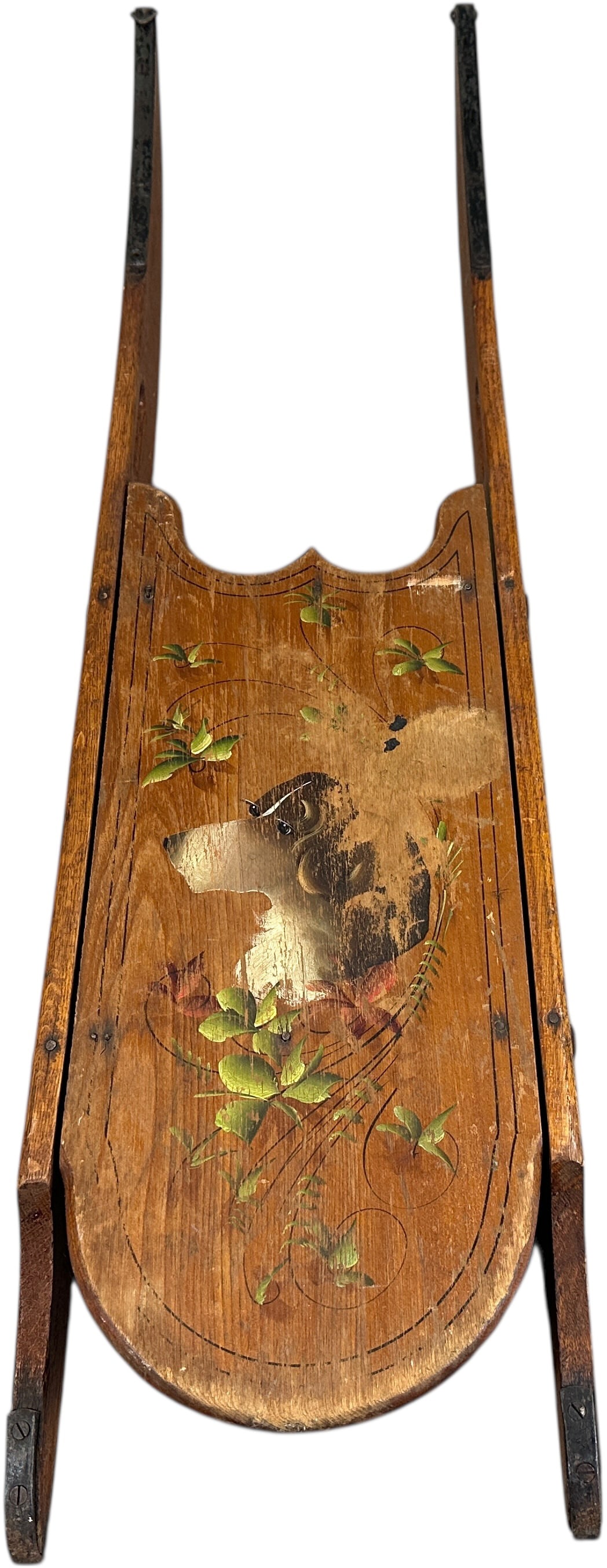 EARLY WOODEN CHILDS SLED W/ PAINTED DOG: 153. EARLY WOODEN CHILDS SLED W/ PAINTED DOG | 43.5" l. | Typical wear to top, (Excellent Condition) | $800 - $1,400