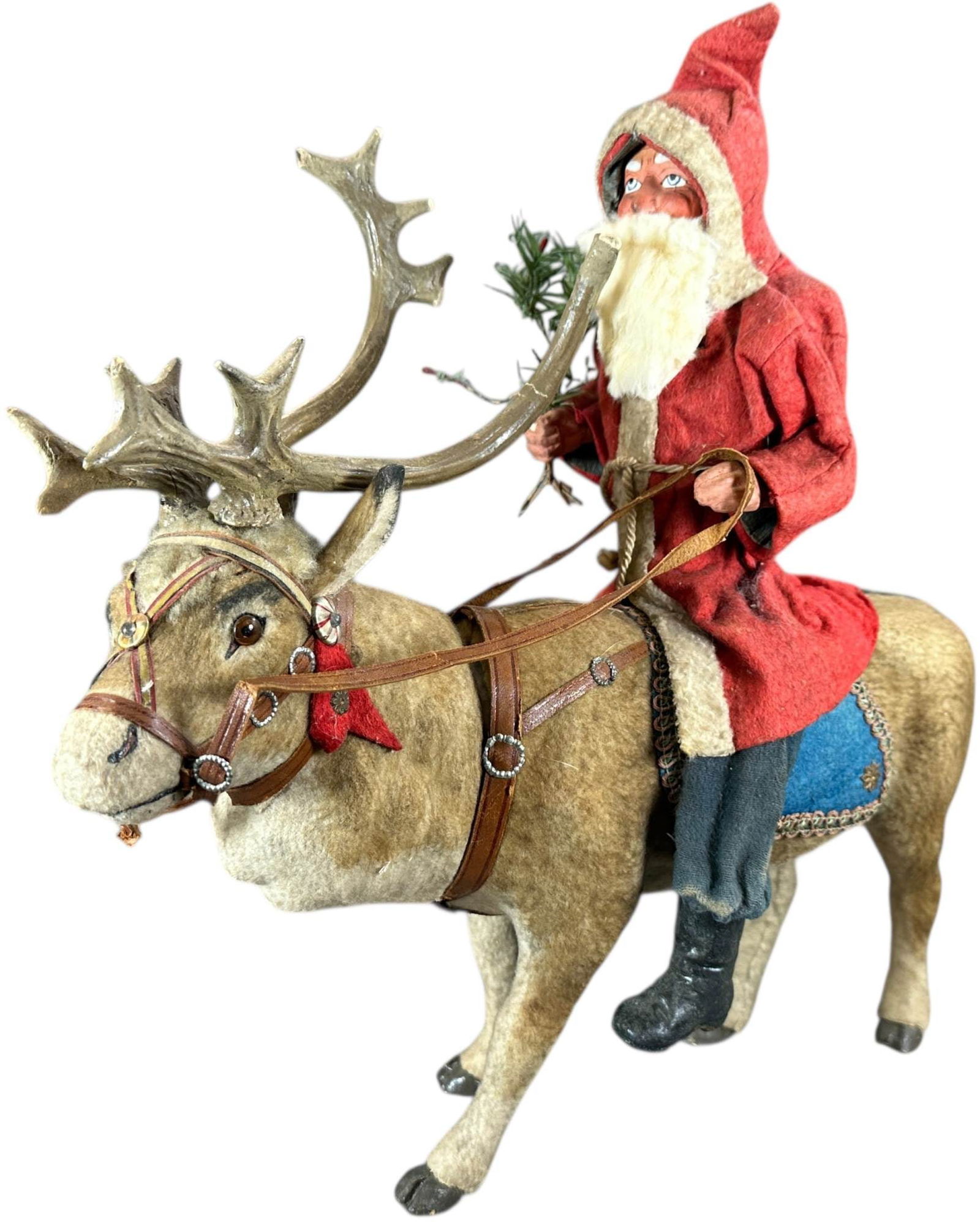 VERY LARGE SANTA RIDING CARIBOU CANDY CONTAINER: 156. VERY LARGE SANTA RIDING CARIBOU CANDY CONTAINER | Caribou head is removed for candy storage, Santa is wire leg, impressive antlers though some missing tips and a crack on one antler. | 16" h. | (