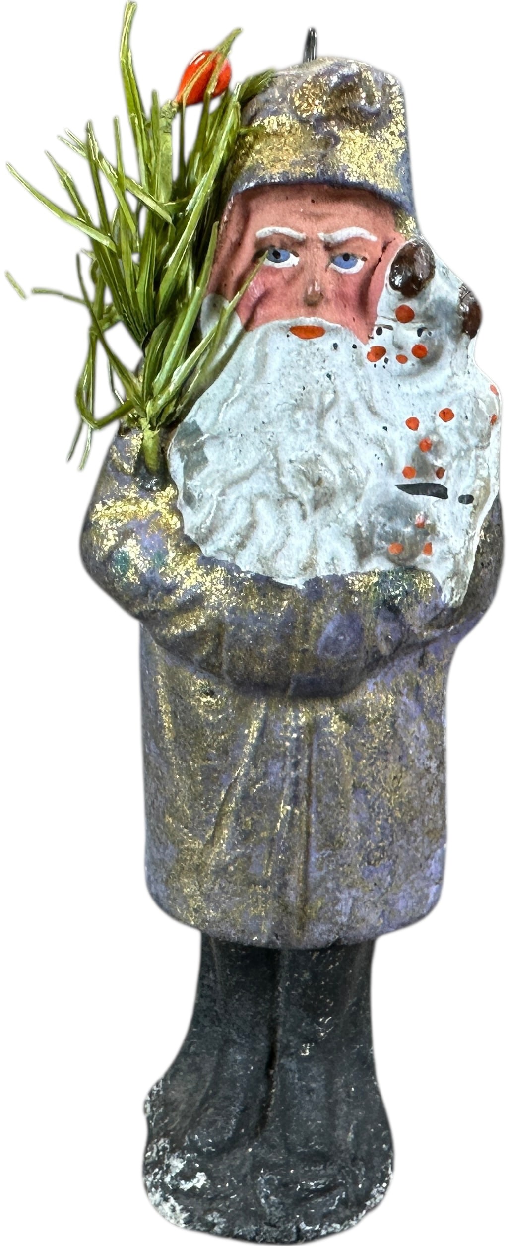 PURPLE COAT BELSNICKLE HOLDING A CHILD: 160. PURPLE COAT BELSNICKLE HOLDING A CHILD | Small figure with a hook in hat to hang on tree. Provenance: Jerry & Darla Arnold Collection. | 5" h. | (Pristine Condition) | $800 - $1,200