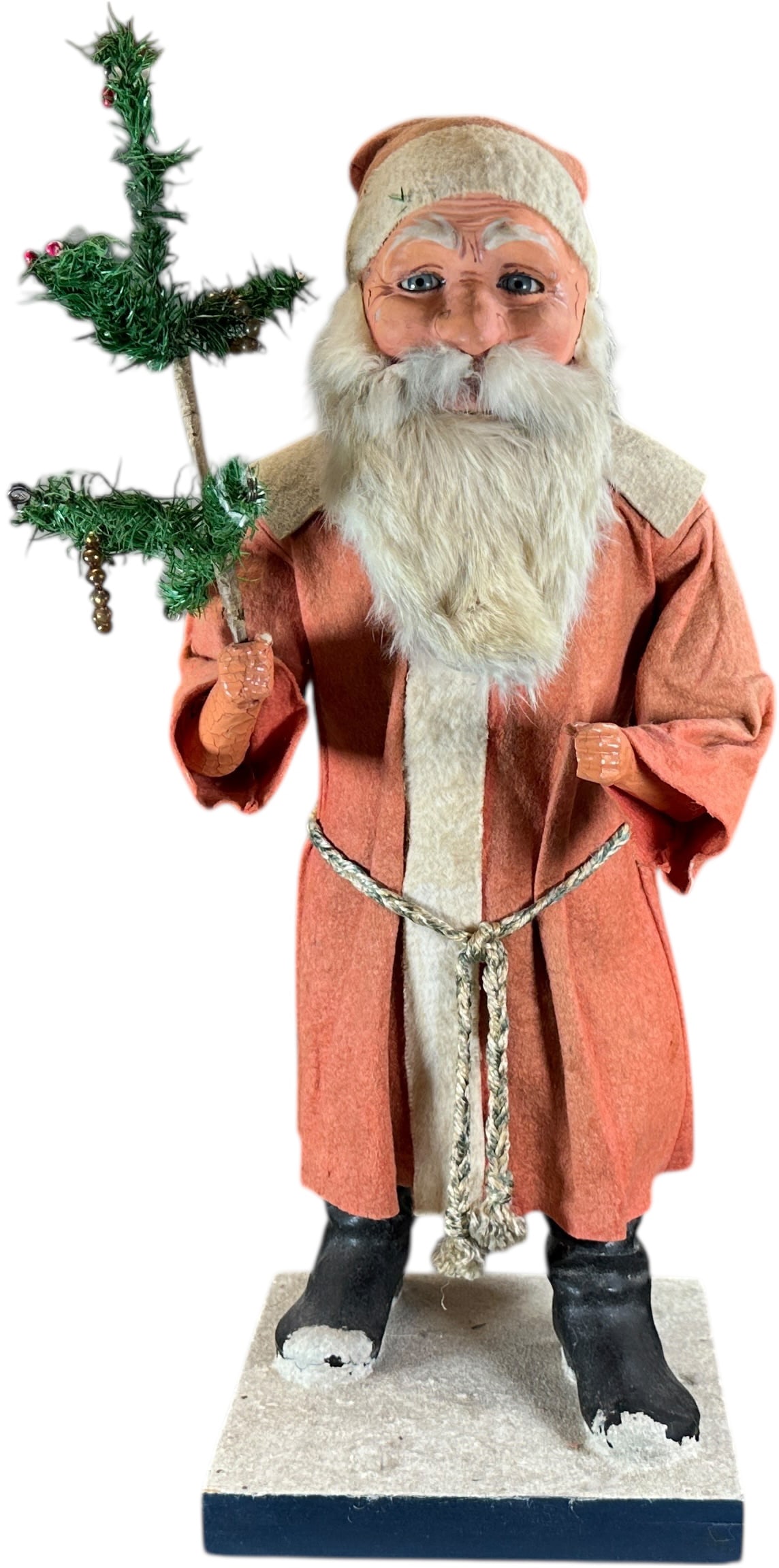 GERMAN CLOCKWORK SANTA NODDER: 168. GERMAN CLOCKWORK SANTA NODDER | Large example is very clean, great working condition with clockwork mechanism for nodding. | 24.5" h. | Head appears to be old overpaint, (Excellent Condition) |