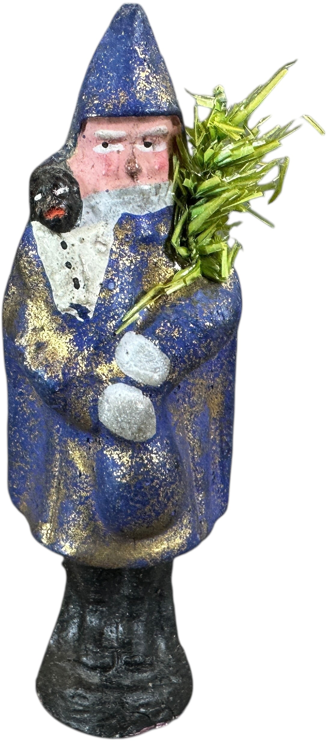 GERMAN BELSNICKLE HOLDING A BLACK CHILD: 170. GERMAN BELSNICKLE HOLDING A BLACK CHILD | Rare form, scarf on face, blue coat. Provenance: Jerry & Darla Arnold Collection. | 5" h. | (Pristine Condition) | $1,200 - $1,800
