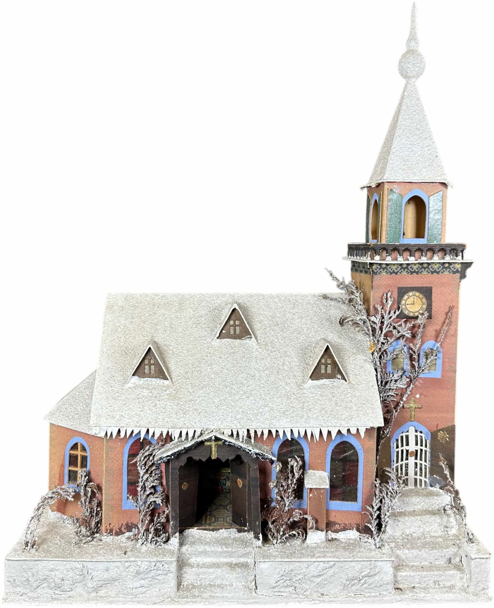 LARGE GERMAN PUTZ CANDLE CHURCH: 175. LARGE GERMAN PUTZ CANDLE CHURCH | Good colors and graphics. | 21" h. | Some splits in seams, overall very nice (Excellent Condition) | $400 - $700