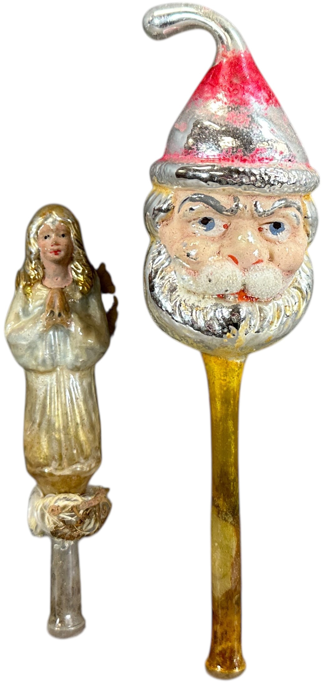 TWO GLASS TREE TOPPERS: 176. TWO GLASS TREE TOPPERS | Angel & Santa head german glass. | 11" h. | (Excellent Condition) | $400 - $600