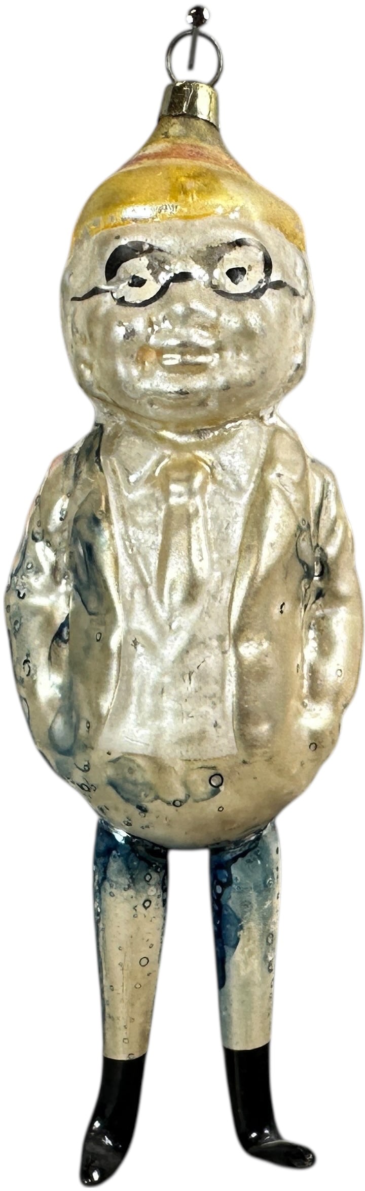 LARGE FOXY GRANDPA GLASS ORNAMENT: 183. LARGE FOXY GRANDPA GLASS ORNAMENT | Big extended leg, with hat is a rare version. | 6" h. | (Excellent Condition) | $300 - $600