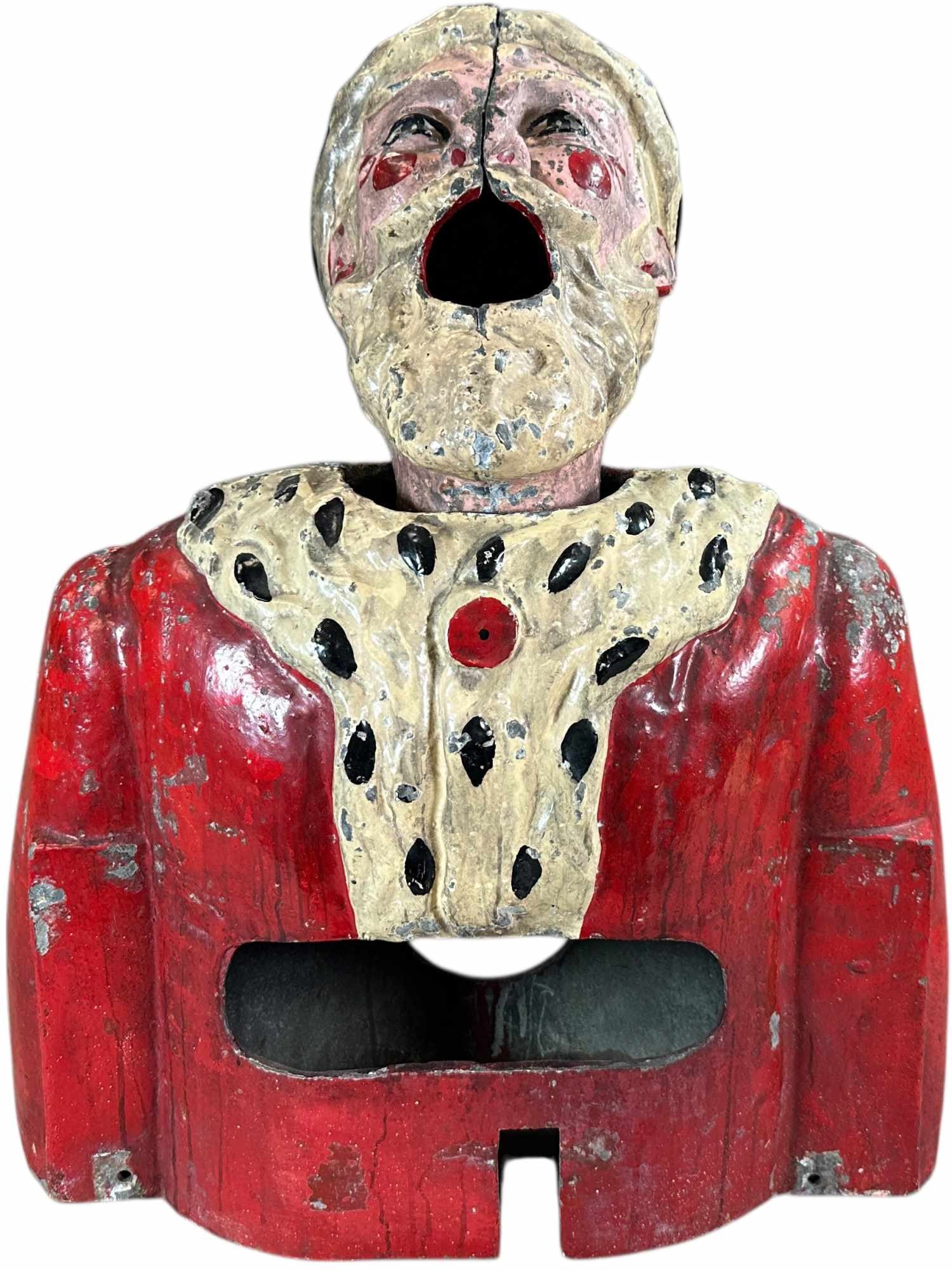 LARGE CAST METAL SANTA CLAUS BALL TOSS: 197. LARGE CAST METAL SANTA CLAUS BALL TOSS | Presumably used at a Christmas fair as an amusement activity, head is a separate piece from body, possibly missing internal pieces from base. | 26.5" h. |