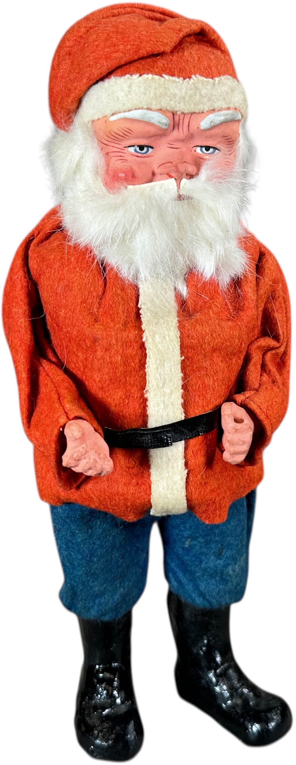 GERMAN WOODCUTTER SANTA CANDY CONTAINER: 203. GERMAN WOODCUTTER SANTA CANDY CONTAINER | Legs are intact but loose, has a great face. Provenance: David Bausch Collection. | 11" h. | (Pristine to Near Mint Condition) | $800 - $1,600