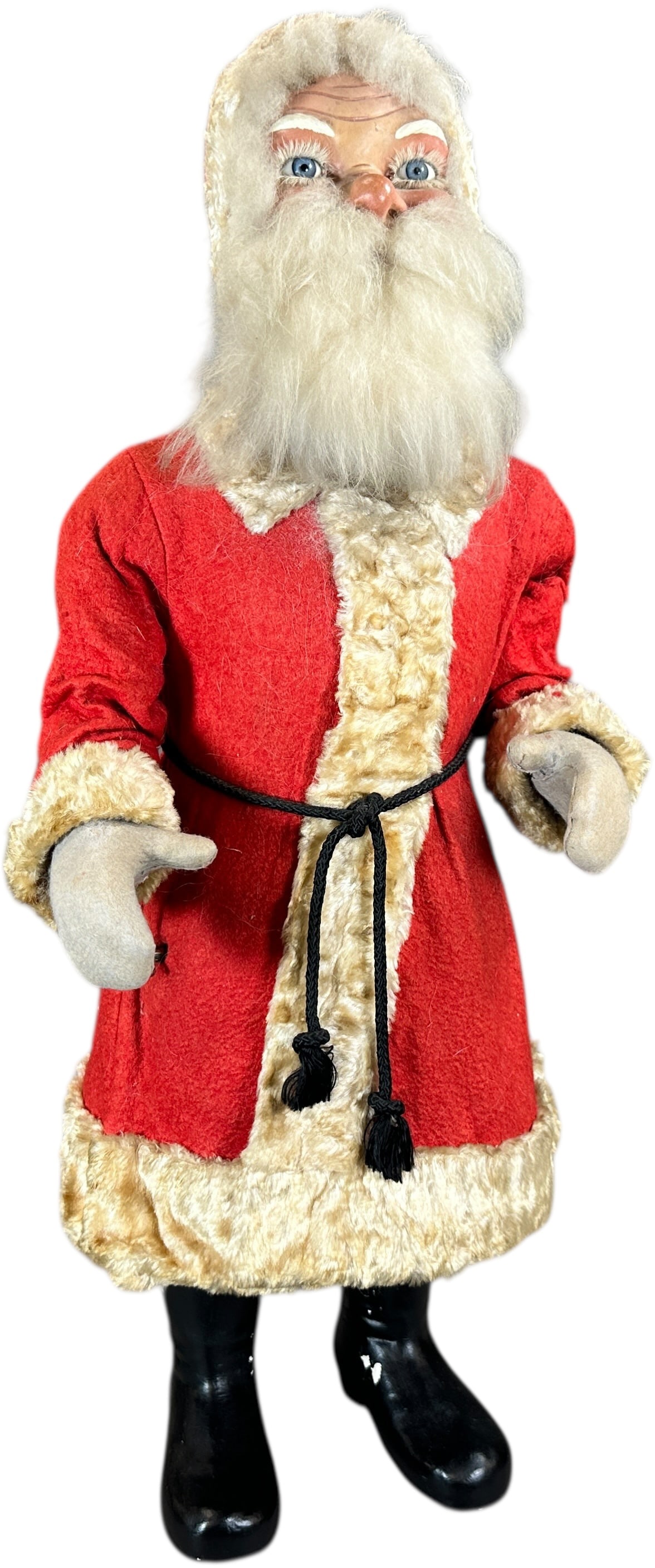 LARGE CLOCKWORK NODDER SANTA CLAUS: 208. LARGE CLOCKWORK NODDER SANTA CLAUS | Glass eyes, German made. Provenance: Ed & Brenda DeGarbolewski Collection. | 28" h. | All original in (Pristine Condition) | $2,000 - $3,500