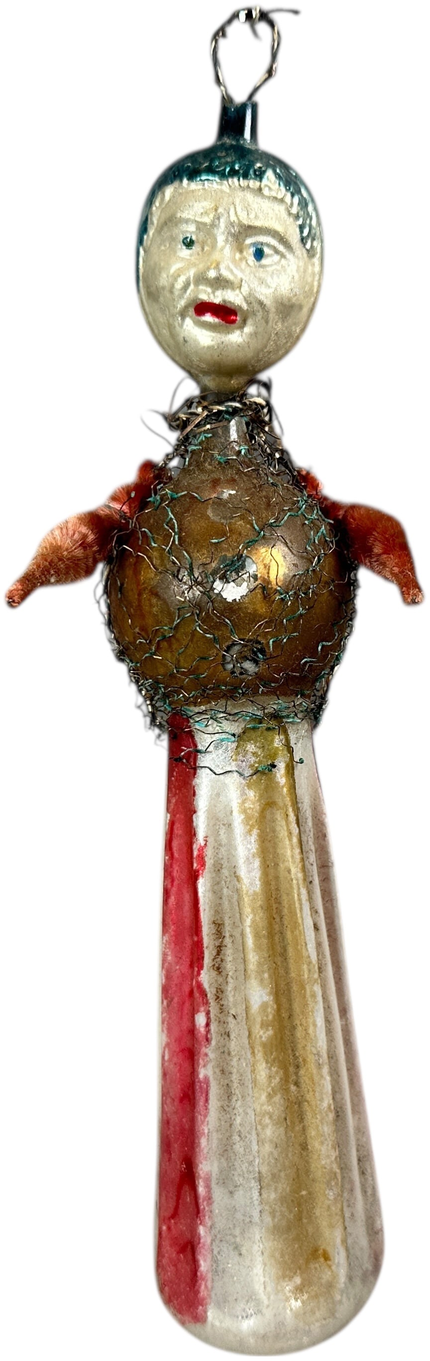 DOUBLE FACE HEAD ON GLASS BODY TREE ORNAMENT: 222. DOUBLE FACE HEAD ON GLASS BODY TREE ORNAMENT | Chenille arms. | 7.5" h. | (Excellent Condition) | $300 - $500