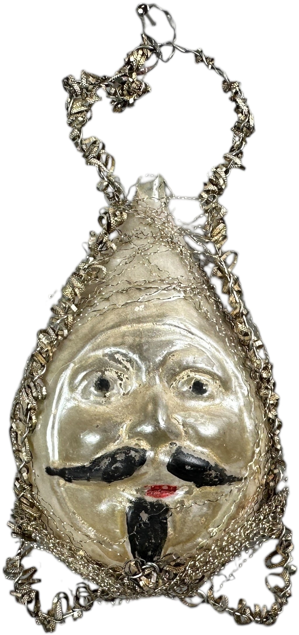 CARDINAL RICHELIEU FACE GLASS ORNAMENT: 223. CARDINAL RICHELIEU FACE GLASS ORNAMENT | Wire wrapped. | 4.5" h. | (Excellent Condition) | $300 - $600