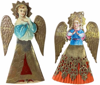 TWO DRESDEN FLAT ANGEL ORNAMENTS