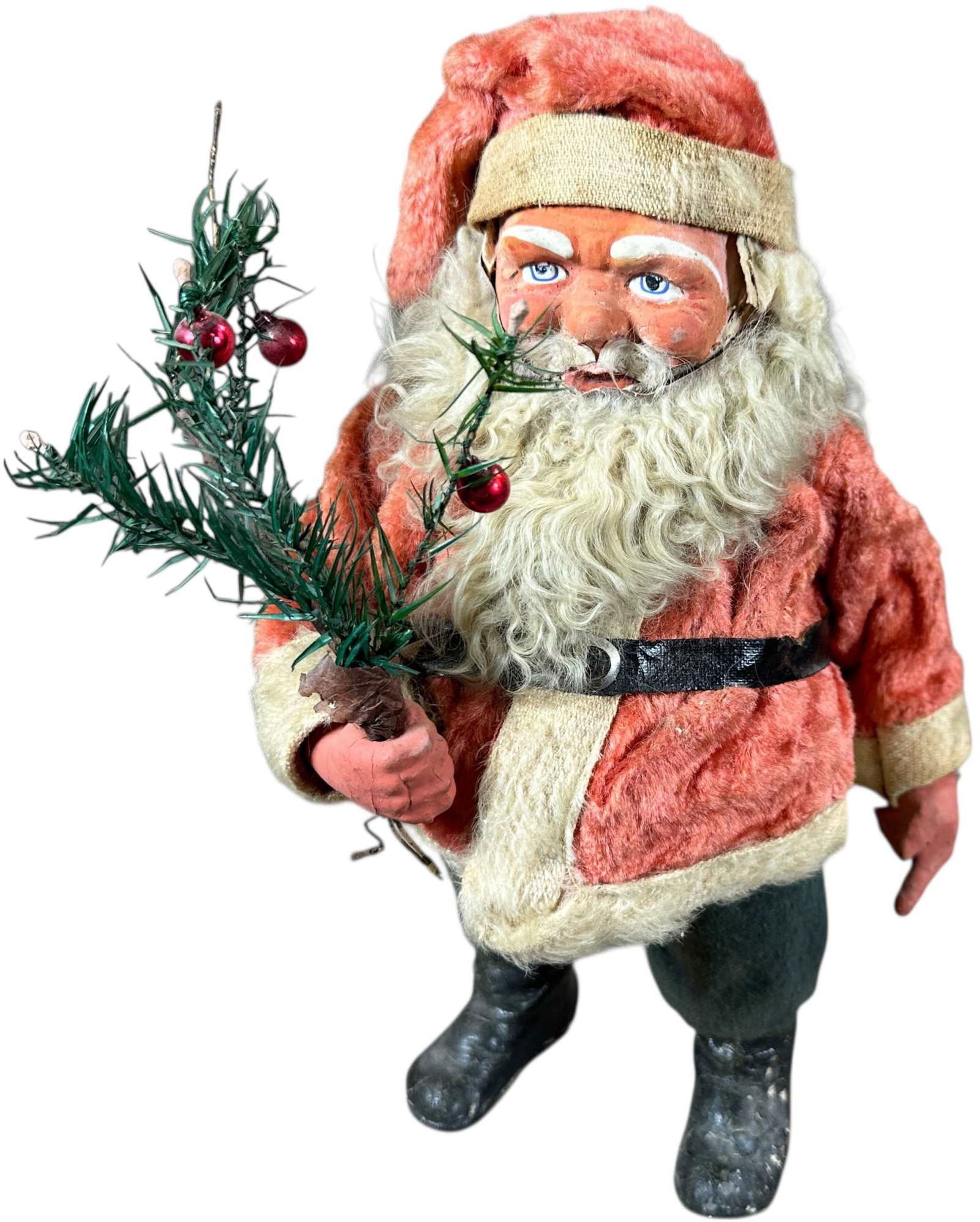 ROTUND SANTA CANDY CONTAINER: 248. ROTUND SANTA CANDY CONTAINER | Jolly round Santa marked Germany. Provenance: Linda Morrow Collection | 11" h. | Professional touch-ups to face, (Very Good to Excellent Condition) | $1,000 - $1,80