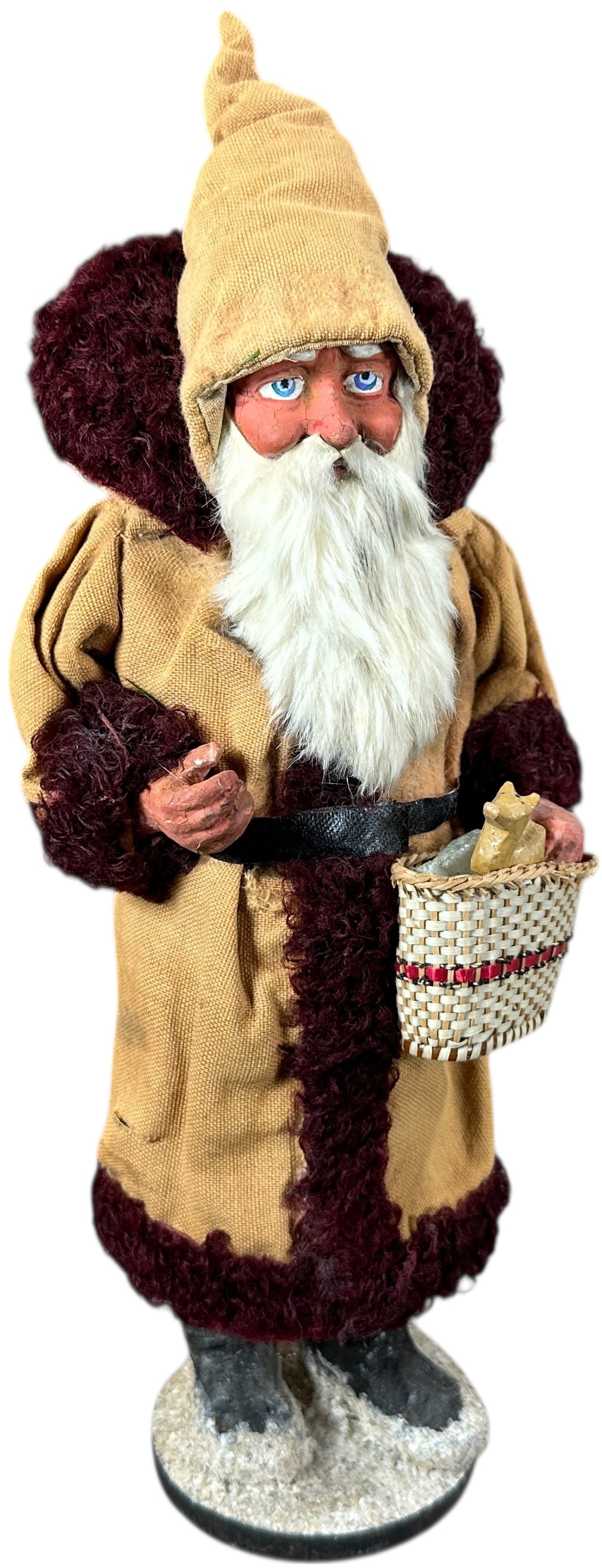 SANTA HOLDING BASKET CANDY CONTAINER: 250. SANTA HOLDING BASKET CANDY CONTAINER | Lovely Santa with high collar. Very thick trim on coat. Provenance: Linda Morrow Collection | 12.5" h. | Touch-up to boots and hands, overall (Excellent Con