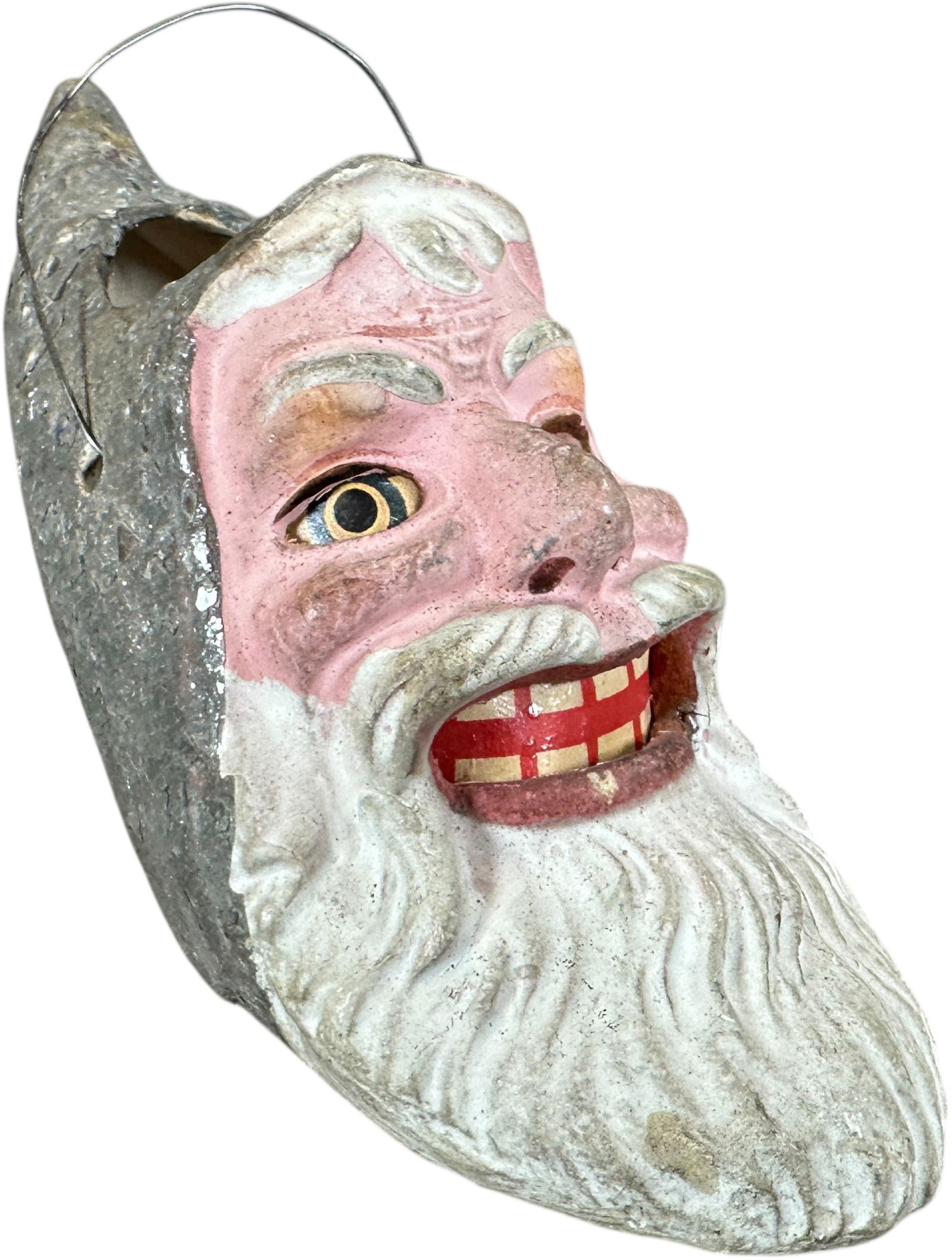 GERMAN SANTA HEAD LANTERN: 256. GERMAN SANTA HEAD LANTERN | Early German gray hood Santa head lantern. Provenance: Linda Morrow Collection | 3" h. | Very small chip on hood, authentic and original (Excellent Condition) |