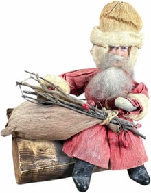 BISQUE HEAD SANTA ON LOG CANDY CONTAINER