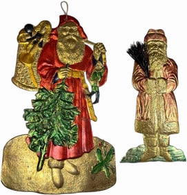 TWO DRESDEN SANTA FLAT ORNAMENTS
