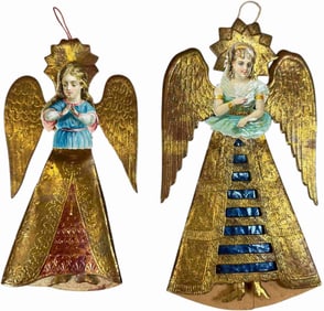 TWO FLAT DRESDEN ANGEL ORNAMENTS