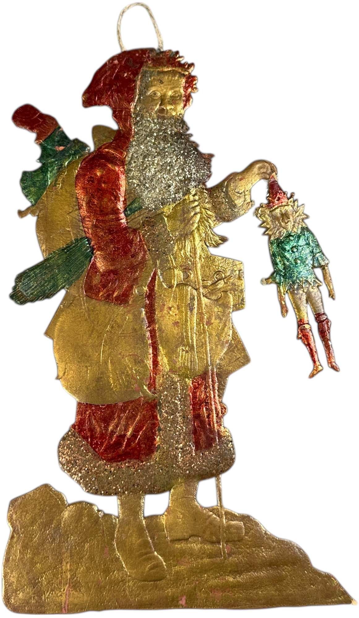 DRESDEN FLAT SANTA HOLDING PUPPET ORNAMENT: 271. DRESDEN FLAT SANTA HOLDING PUPPET ORNAMENT | Puppet has been reattached. | 10" h. | (Excellent Condition) | $250 - $500