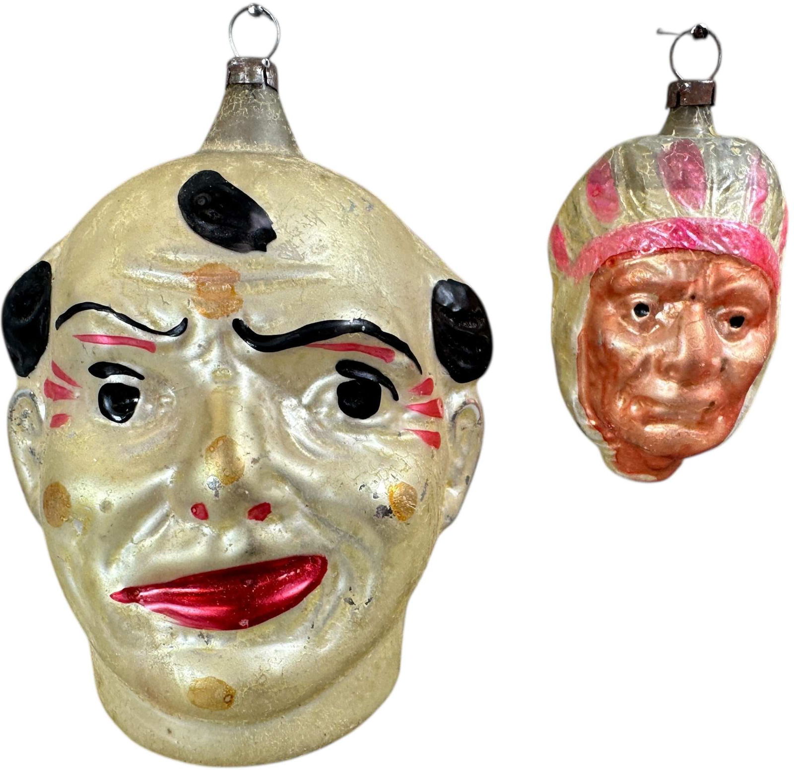INDIAN & CLOWN HEAD GLASS ORNAMENT: 276. INDIAN & CLOWN HEAD GLASS ORNAMENT | Large clown sometimes called a devil. | 4.5" h. | (Excellent to Pristine Condition) | $400 - $700