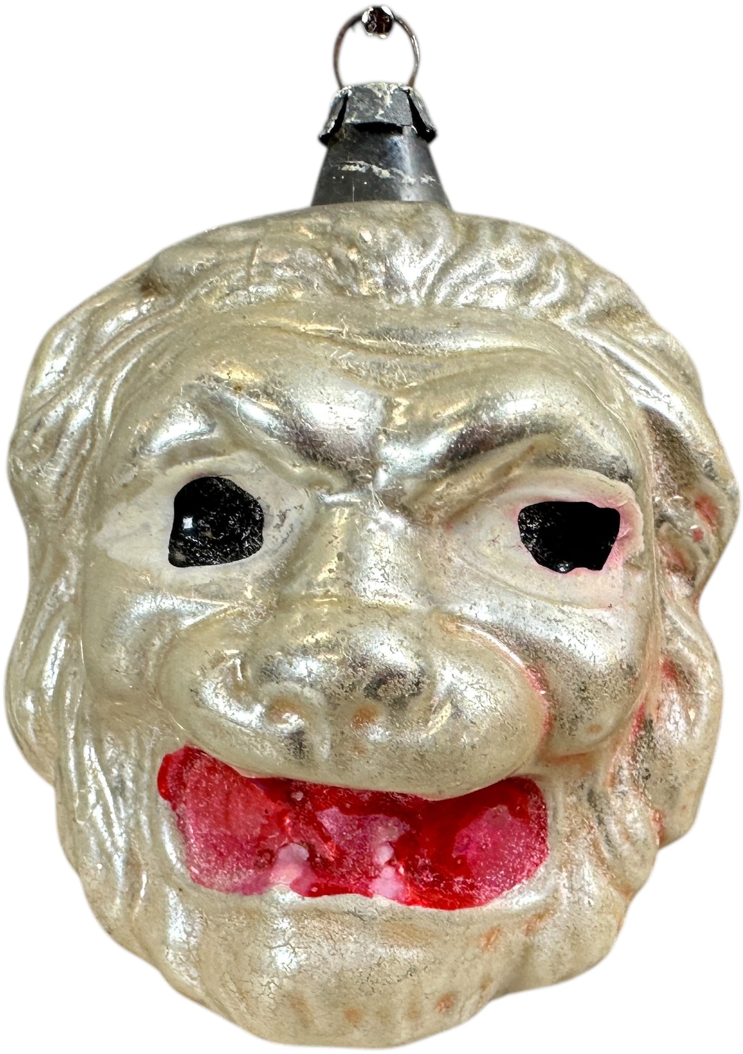 LARGE LION HEAD GLASS ORNAMENT: 277. LARGE LION HEAD GLASS ORNAMENT | Silvering is light. | 3" h. | (Excellent Condition) | $300 - $500