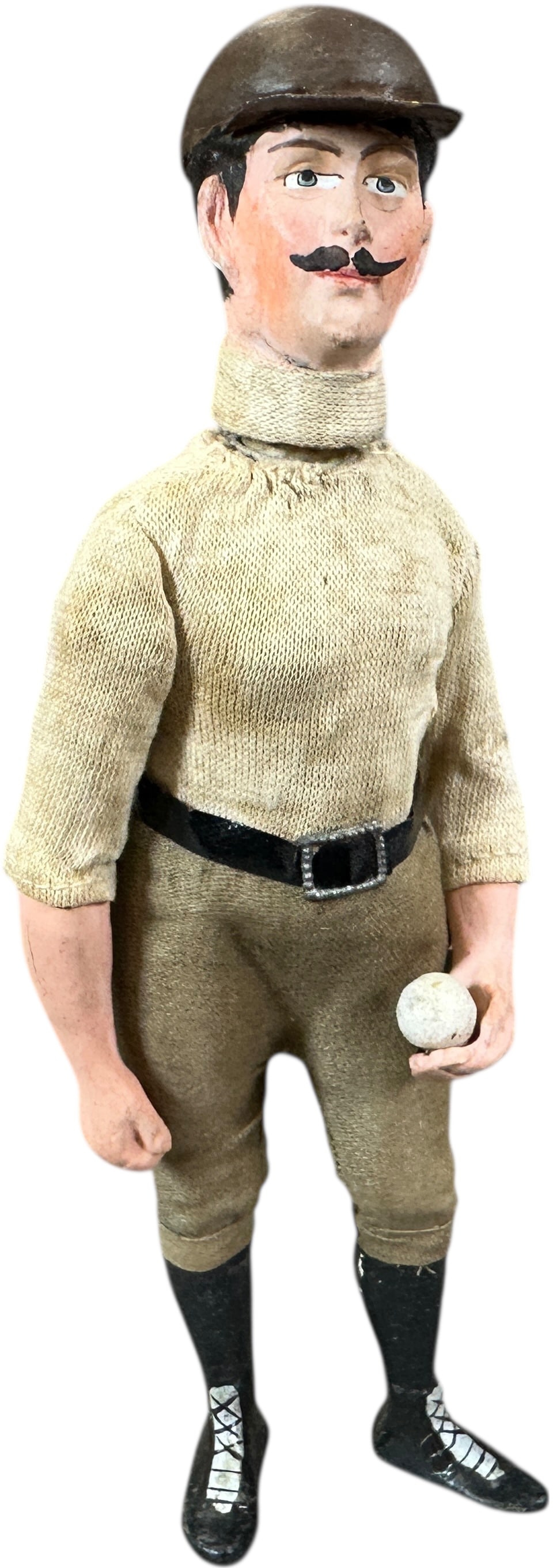 EARLY BASEBALL PITCHER CANDY CONTAINER: 285. EARLY BASEBALL PITCHER CANDY CONTAINER | Rare German candy container, head removes for candy retrieval, great style and form. | 9.5" h. | Spectacular piece, (Pristine Condition) | $1,000 - $2,000