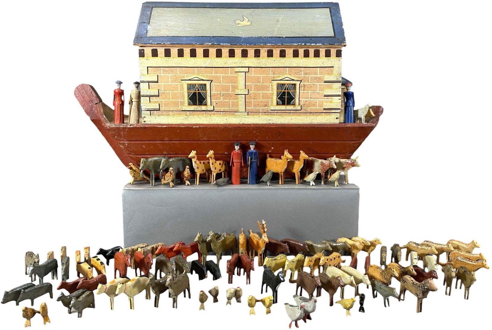 LARGE GERMAN HAND PAINTED NOAHS ARK: 300. LARGE GERMAN HAND PAINTED NOAHS ARK | Wooden ark is nicely hand painted and includes over 80 animals. | 23" l. | Great patina, (Excellent Condition) | $1,500 - $2,500
