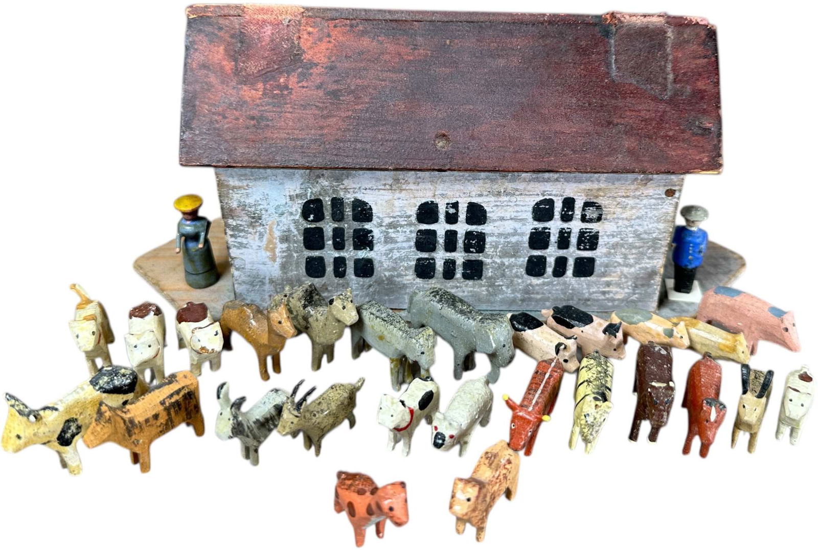 SMALL FLAT BOTTOM NOAHS ARK W ANIMALS: 302. SMALL FLAT BOTTOM NOAHS ARK W ANIMALS | 8" l. | Appropriate age related wear and tear to wood, overall (Excellent Condition) | $400 - $600