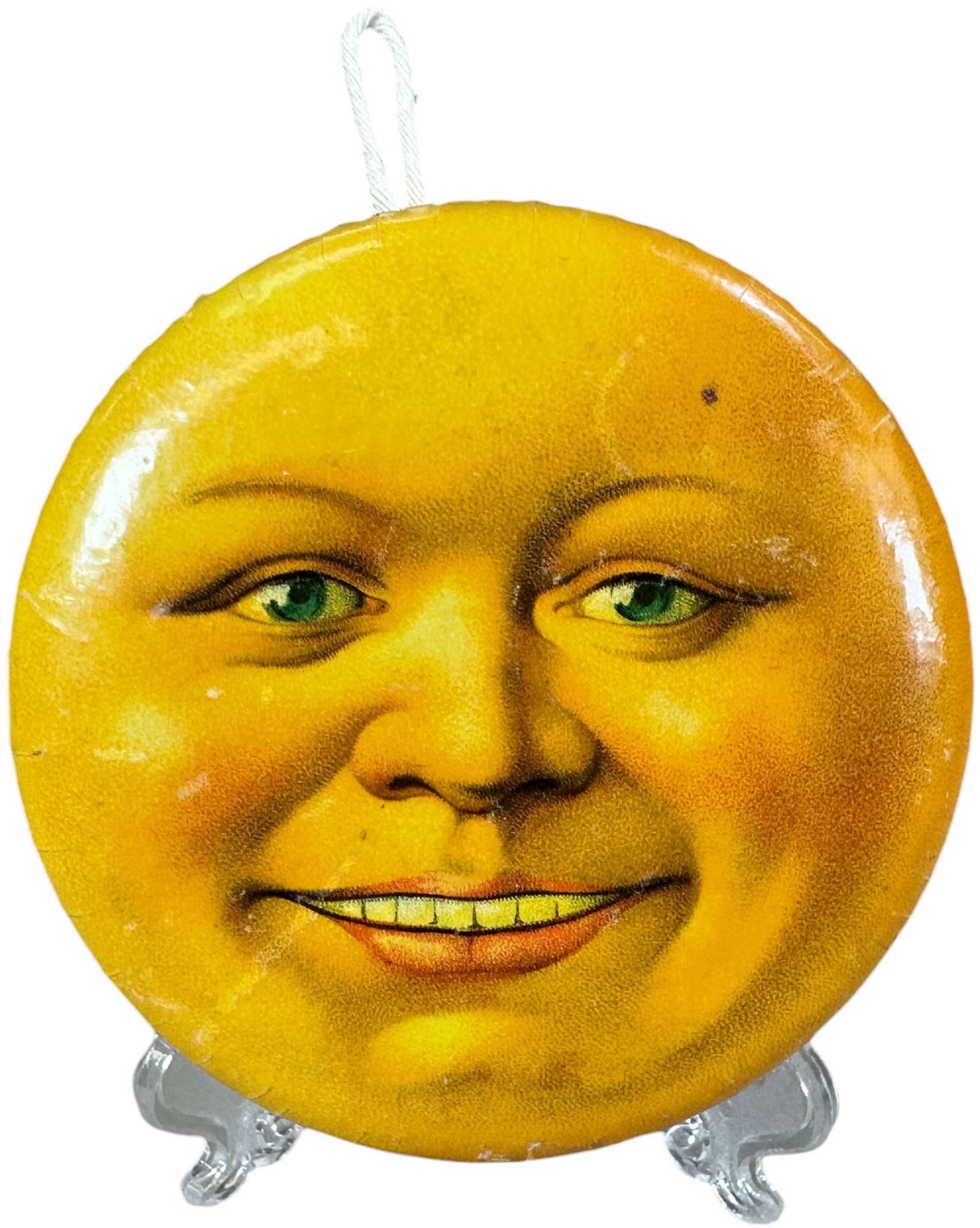 MOON FACE CANDY CONTAINER: 319. MOON FACE CANDY CONTAINER | Very fine German Moon Face candy container. Provenance: Linda Morrow Collection | 4" dia. | (Excellent to Pristine Condition) | $600 - $1,000