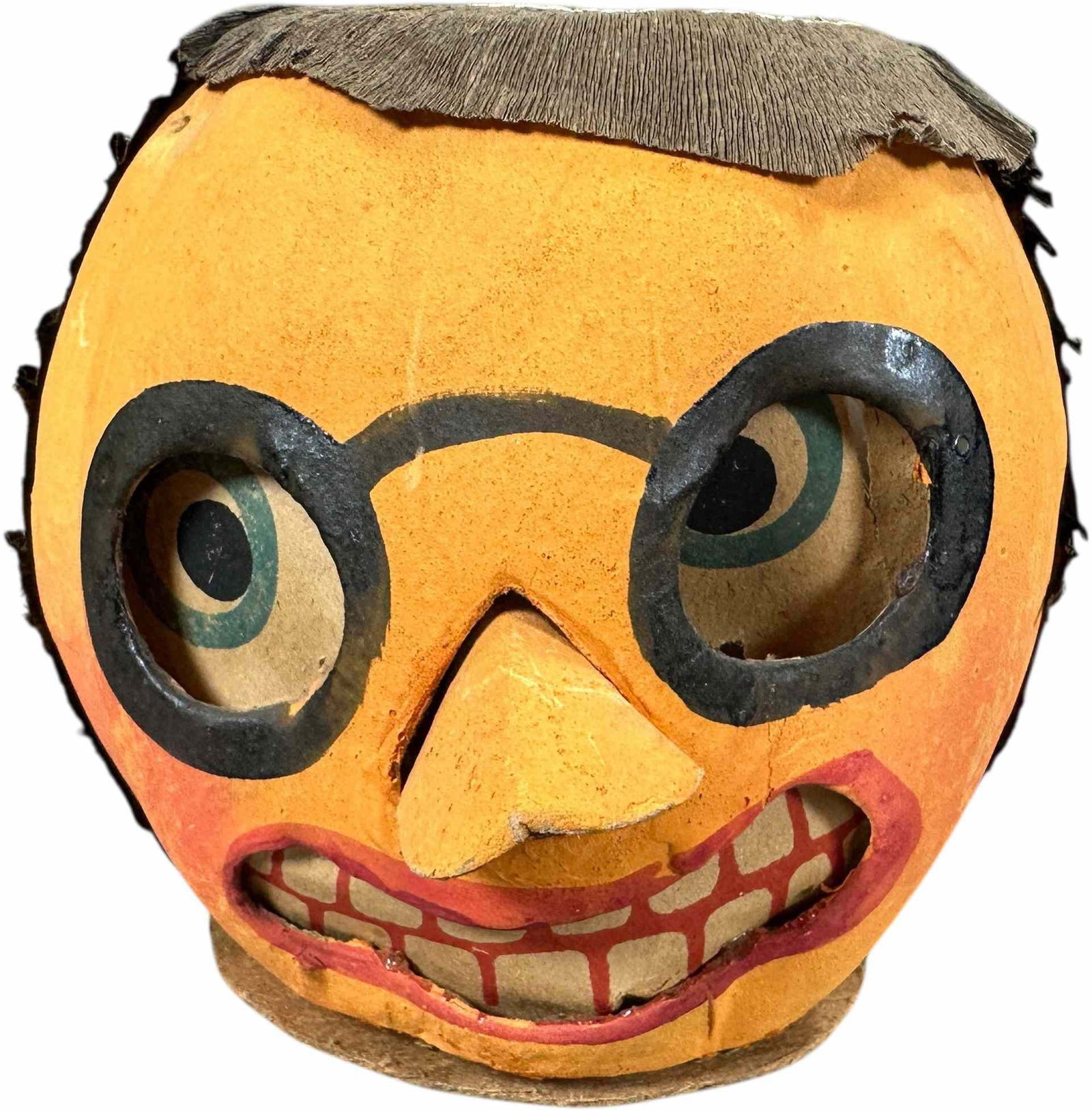 PUMPKIN HEAD W/ GLASSES JACK O LANTERN: 327. PUMPKIN HEAD W/ GLASSES JACK O LANTERN | Hair, nose and glasses make this JOL harder to find. Provenance: Linda Morrow Collection | 4.5" dia. | (Excellent to Pristine Condition) | $600 - $1,200