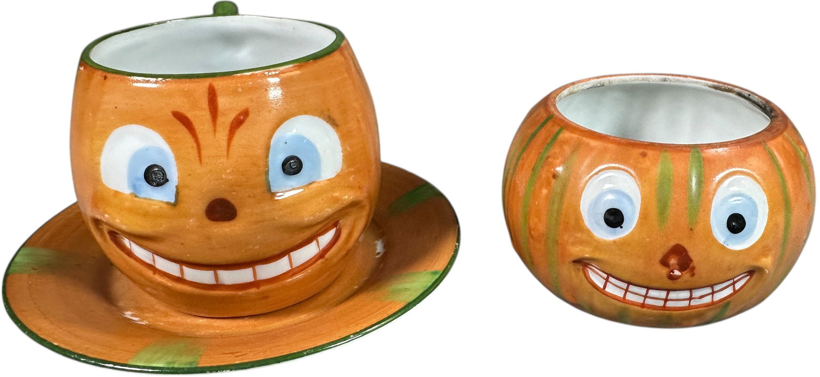 TWO GERMAN PUMPKIN TABLE WARE CUPS: 339. TWO GERMAN PUMPKIN TABLE WARE CUPS | Provenance: Linda Morrow Collection | 3.5" - 5.25" diam. | (Pristine Condition) | $400 - $800