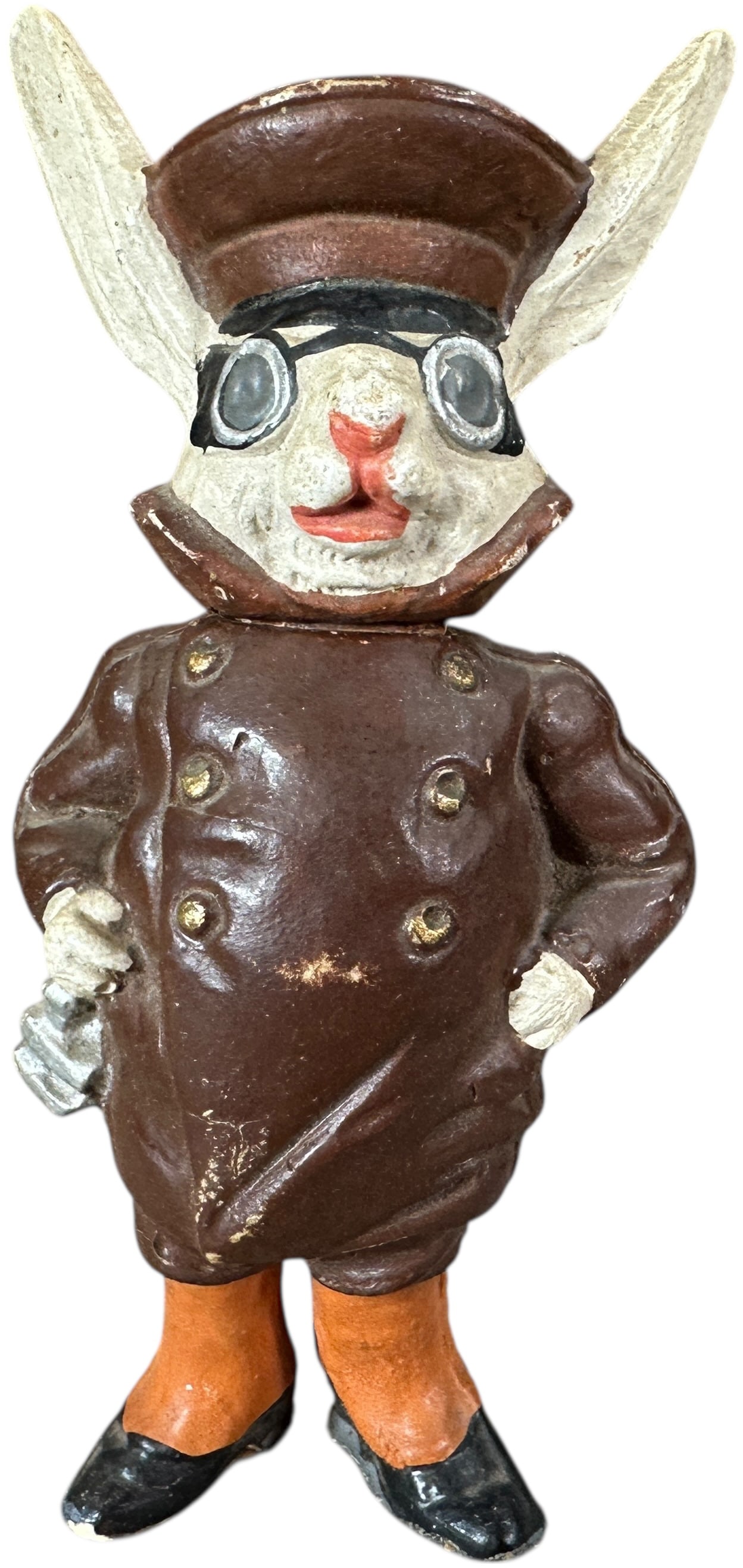 RABBIT CHAUFFER GERMAN CANDY CONTAINER: 342. RABBIT CHAUFFER GERMAN CANDY CONTAINER | Nice rare German candy container. Provenance: David Bausch Collection. | 5.5" h. | (Excellent Condition) | $800 - $1,600