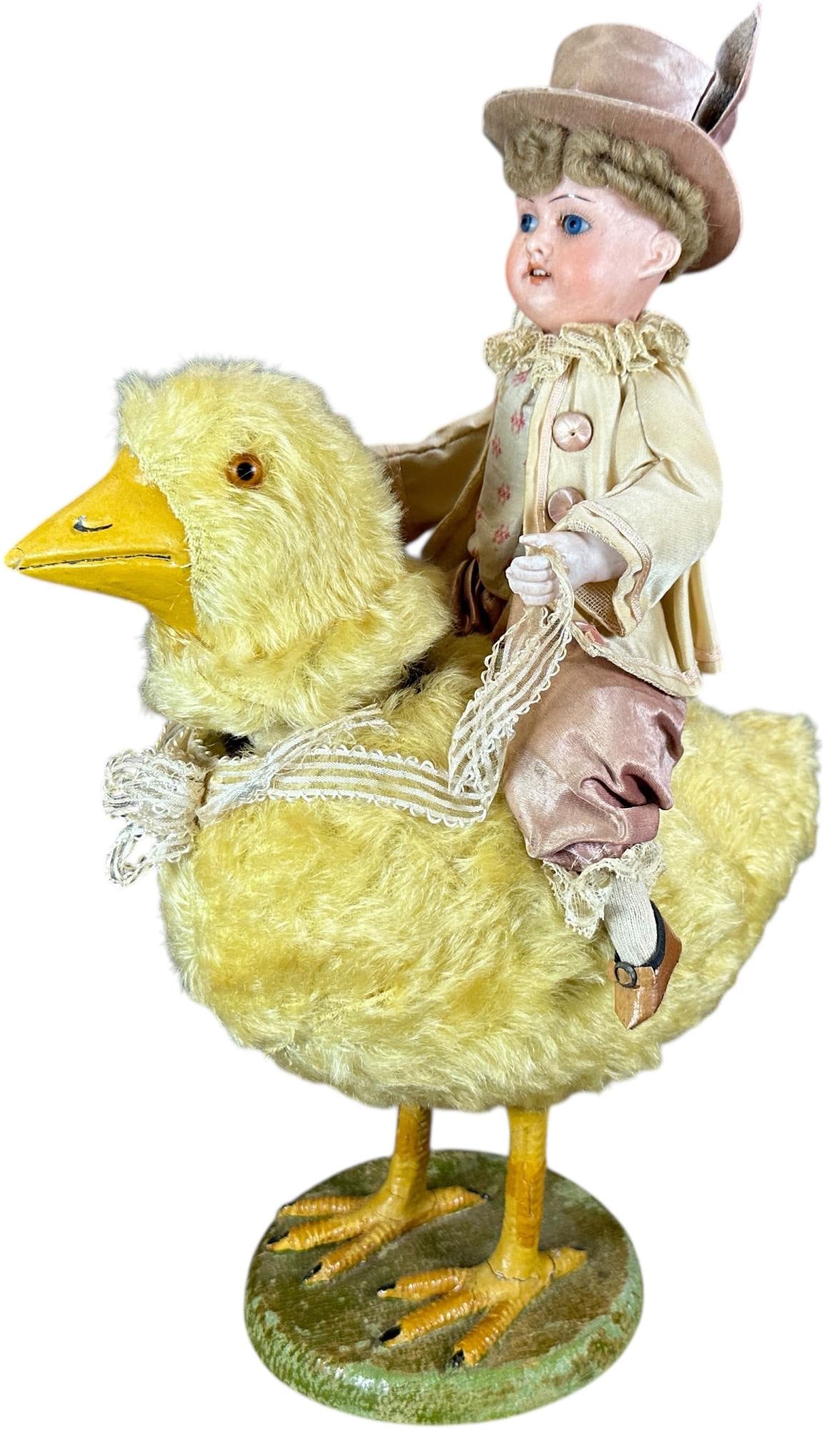 RABBIT BISQUE BOY RIDING CHICK CLOCKWORK: 346. RABBIT BISQUE BOY RIDING CHICK CLOCKWORK | Nodder. https://youtube.com/shorts/R7RcQvkkHNg?feature=share| 15" h. | Some minor cracks in legs, otherwise (Excellent Condition) | $1,500 - $3,000