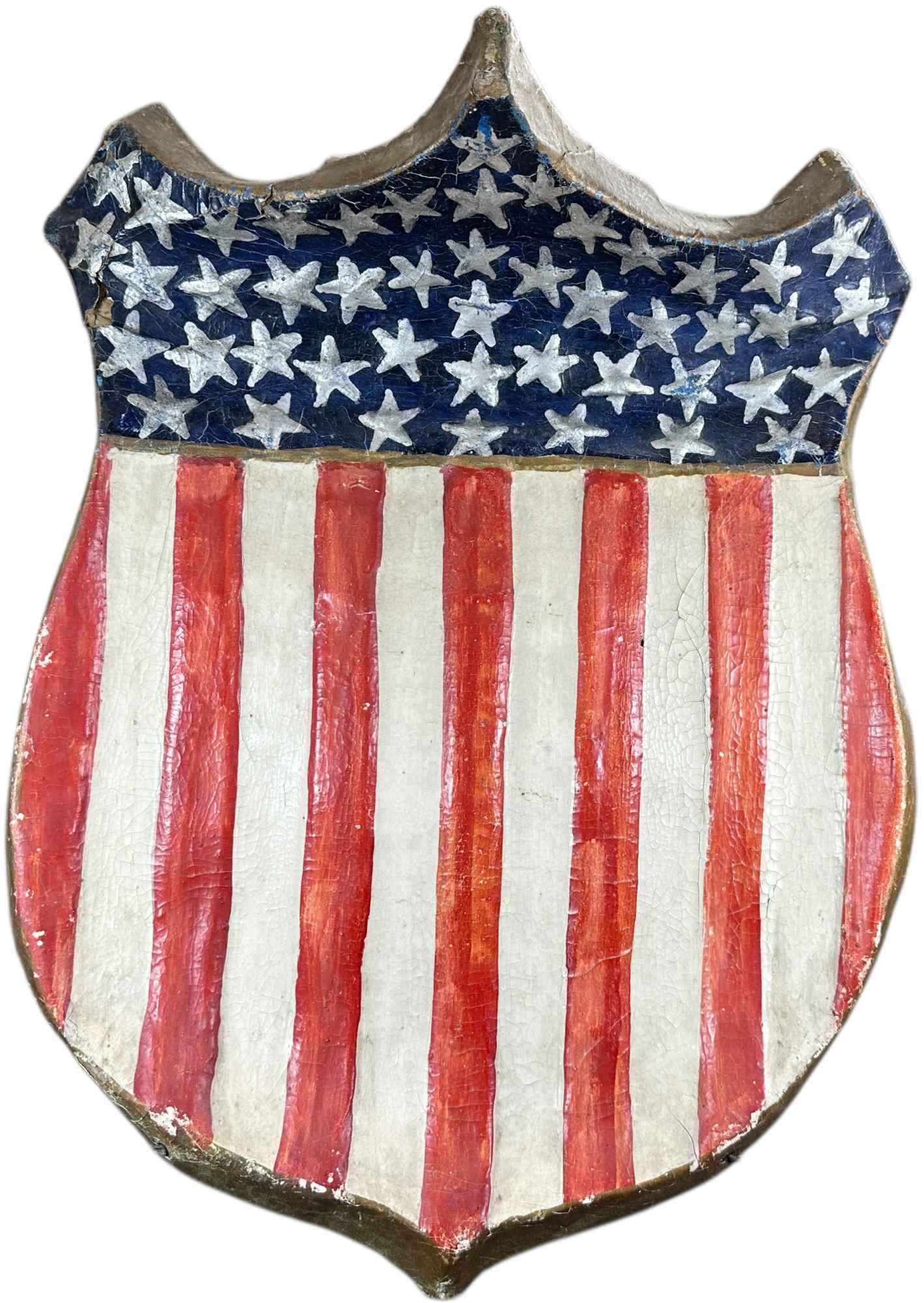 LARGE PATRIOTIC SHIELD: 351. LARGE PATRIOTIC SHIELD | Provenance: Linda Morrow Collection | 18" h. | (Excellent Condition) | $800 - $1,200