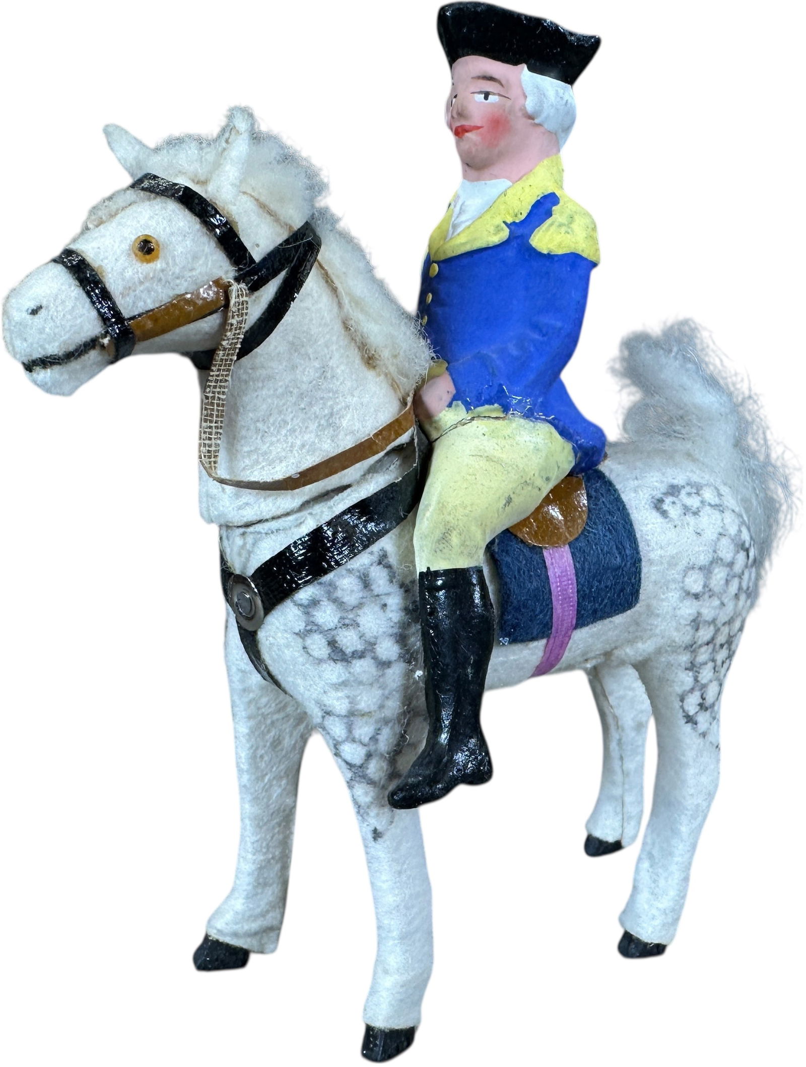 G WASHINGTON ON CANDY CONTAINER HORSE: 353. G WASHINGTON ON CANDY CONTAINER HORSE | Provenance: Linda Morrow Collection | 5" h. | Glue repair to George's left hip, otherwise (Excellent Condition) | $600 - $800