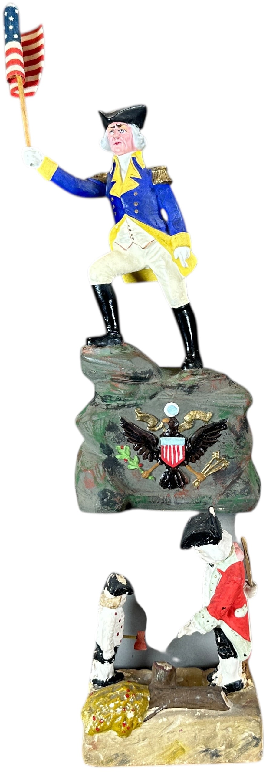 GEORGE WASHINGTON CANDY CONTAINERS: 355. GEORGE WASHINGTON CANDY CONTAINERS | Chopping the cherry tree, opens at the bottom,chip and paint loss on hats. | 12" h. | Large, has some professional restoration, displays as (Pristine