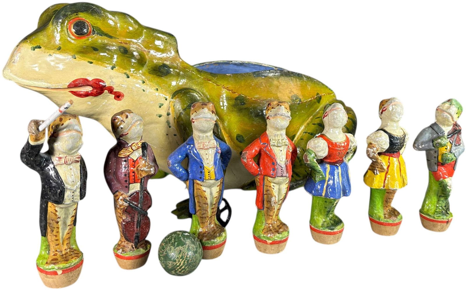 COLORFUL WHIMSICAL FROGS SKITTLE SET: 359. COLORFUL WHIMSICAL FROGS SKITTLE SET | Germany, painted composition on wood, fabulous large frog container has outstanding paint and colors, whimsical pin figures depicting musician and singing