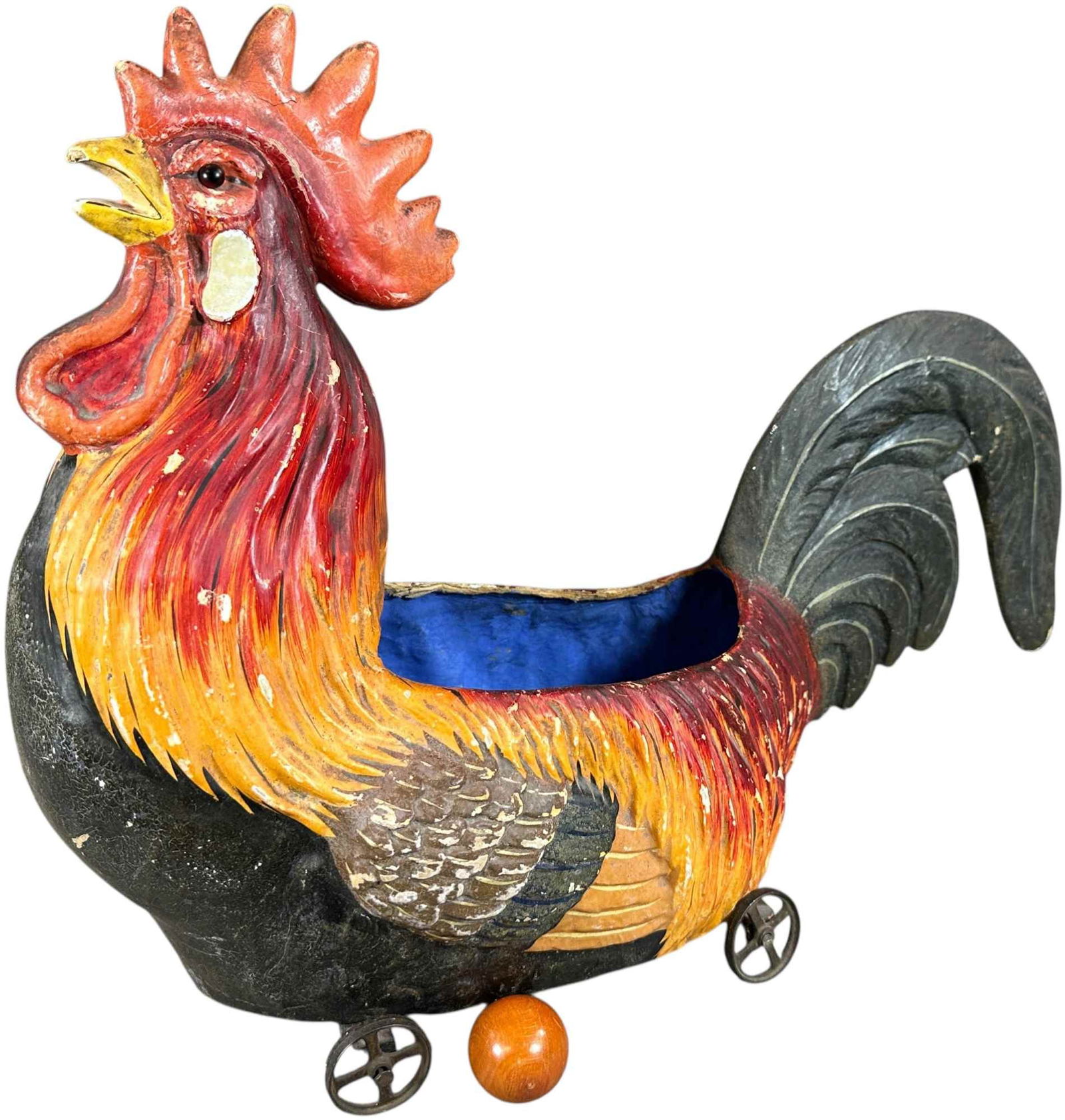 LARGE ROOSTER SKITTLES CONTAINER: 363. LARGE ROOSTER SKITTLES CONTAINER | Lovely piece of German craftsmanship, very colorful with realistic paint highlights to feathers. Provenance: Ed & Brenda DeGarbolewski Collection. | 20" l. |