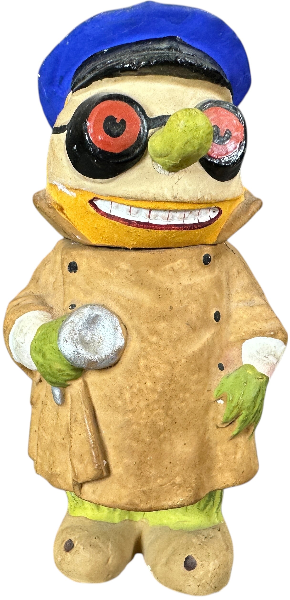 VEGGIE MAN CHAUFFER CANDY CONTAINER: 368. VEGGIE MAN CHAUFFER CANDY CONTAINER | German Pickle nose Chauffer candy container. Provenance: David Bausch Collection. | 5.5" h. | Small crack on left shoulder, otherwise excellent, paint rub on