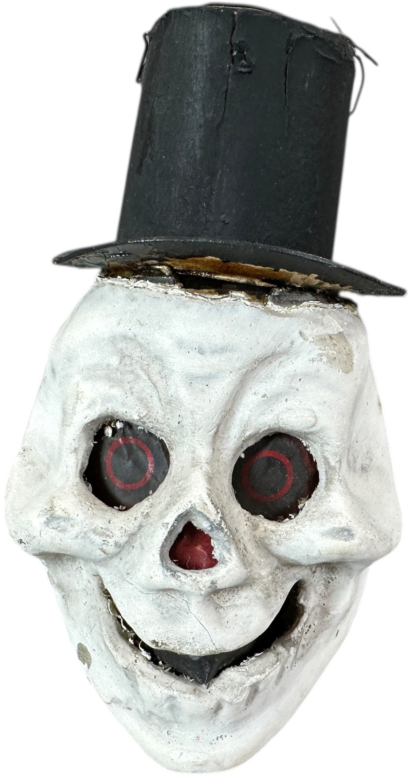 HALLOWEEN SKULL W/ TOP HAT LANTERN: 376. HALLOWEEN SKULL W/ TOP HAT LANTERN | German. Provenance: David Bausch Collection. | 5.5" h. | Hat possibly repainted, hole in bottom of cardboard for a candle, (Excellent Condition) | $800 -