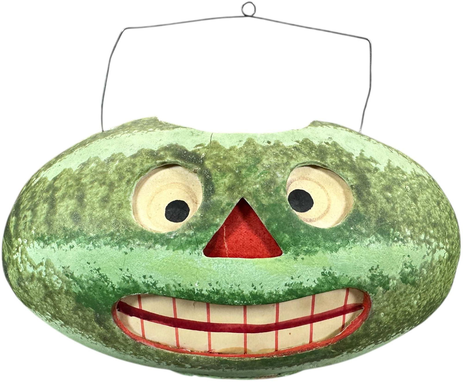 EARLY COMPO WATERMELON LANTERN: 383. EARLY COMPO WATERMELON LANTERN | Larger size, very small crack over the right eye. Provenance: Beth Karp Collection. | 7" l. | (Excellent Condition) | $1,000 - $2,000