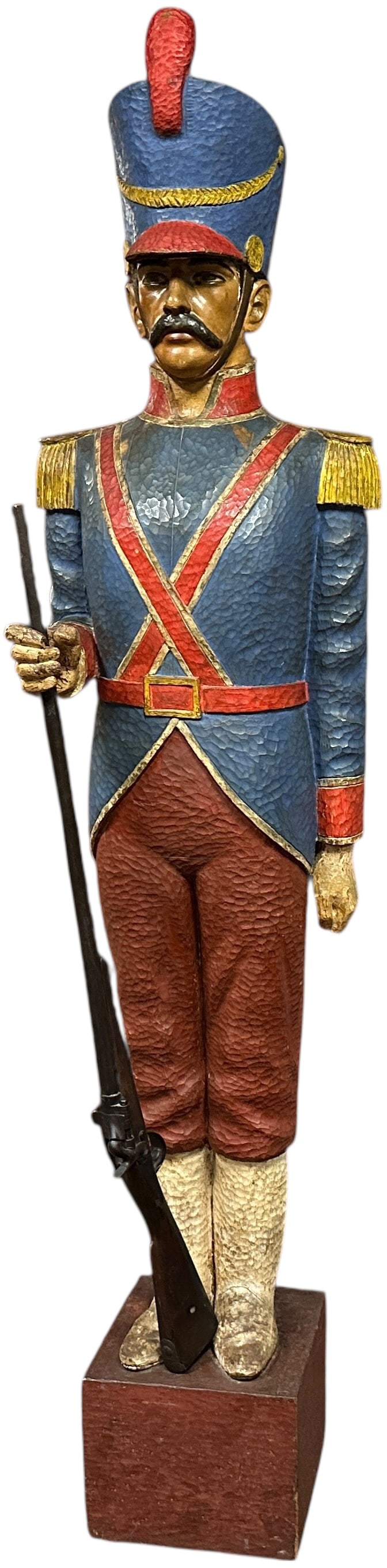 FULL FIGURE LIFE SIZE SOLDIER CARVED FIGURE: 391. FULL FIGURE LIFE SIZE SOLDIER CARVED FIGURE | Massive figure stands over seven feet tall with the carved base, the age cannot be confirmed though the lighter weight of the wood and the period