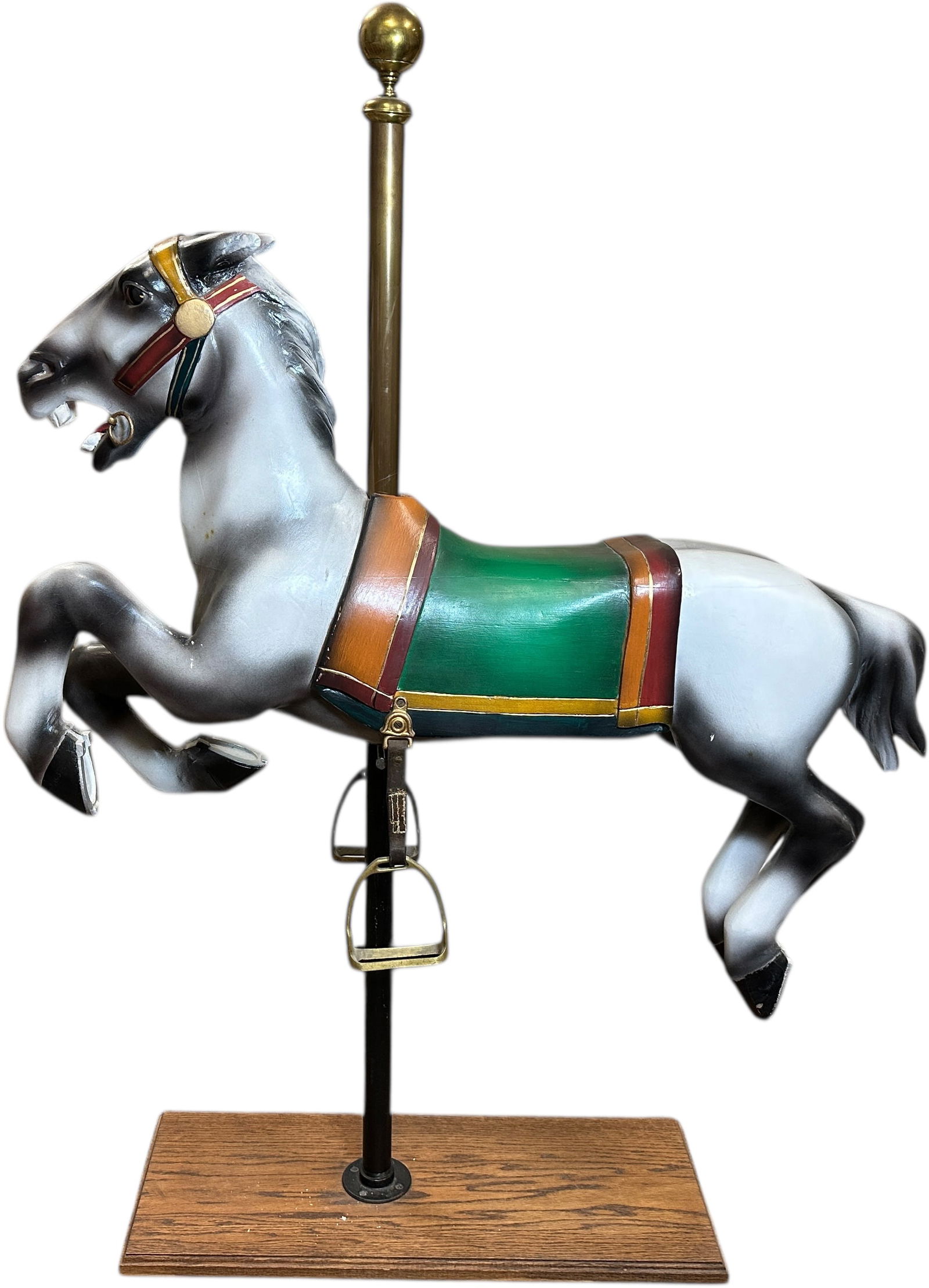 ALLAN HERSCHELL BLANKET PONY CAROUSEL HORSE: 395. ALLAN HERSCHELL BLANKET PONY CAROUSEL HORSE | Blanket horse with pole, very nice details especially at the trappings and hair, a large carving circa 1915.| 47 x 64" lh. | Professionally restored.